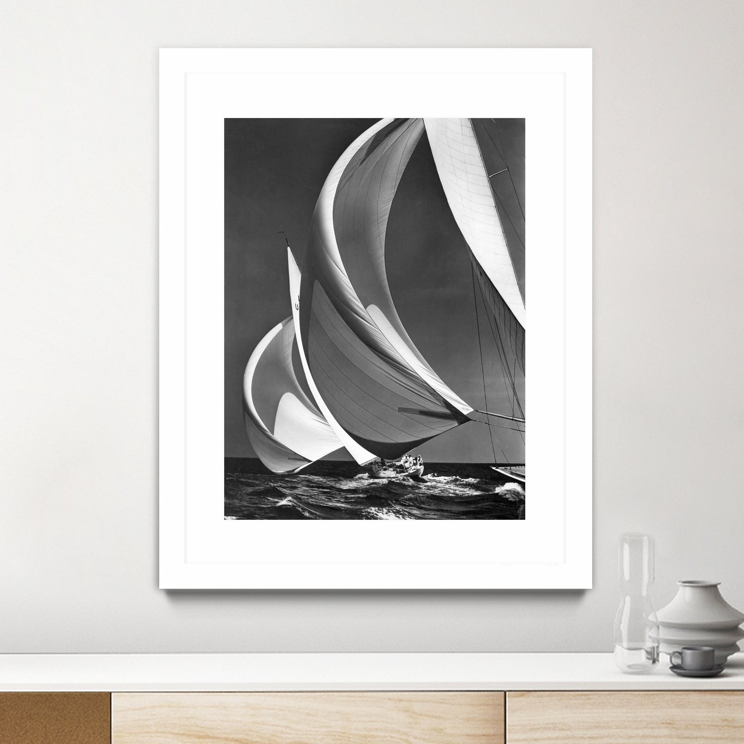 Two sailboats racing with their spinakers on a reach, 1940s by Bridgeman Images on GIANT ART - black and white photography