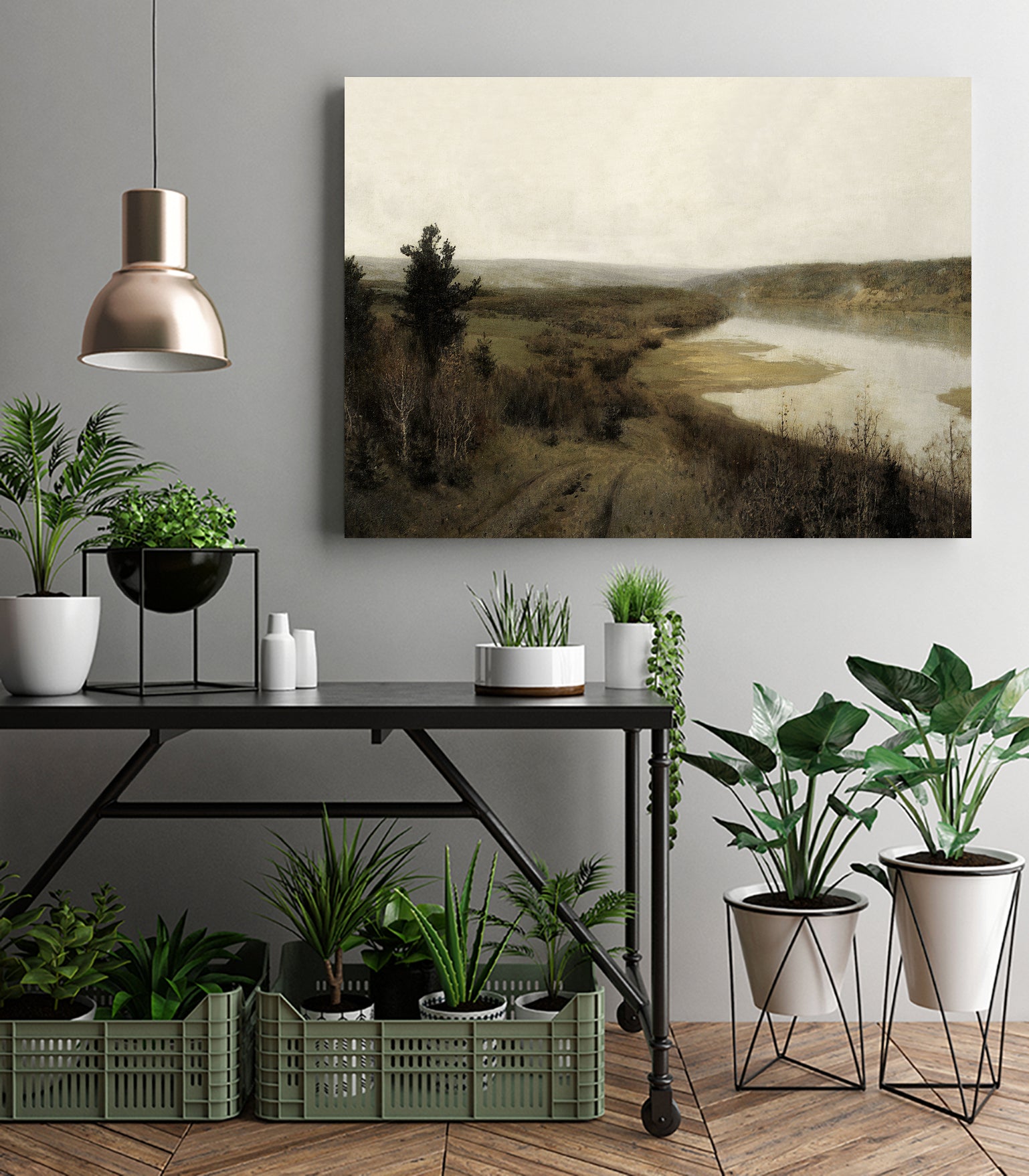 View On The Lake by M Studio on GIANT ART - green landscape framed canvas
