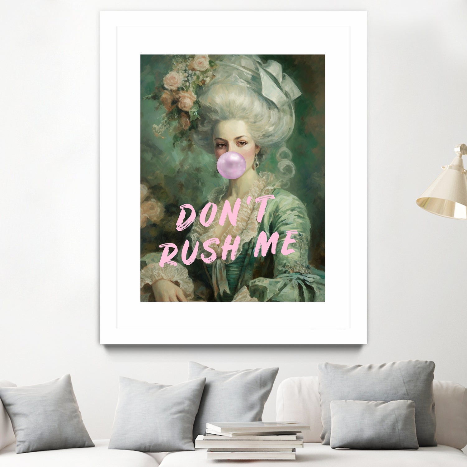 Marie Antoinette Dont Rush Me by Talitha McQueen on GIANT ART - pink contemporary human face,flower,text,clothing,painting,doll,poster,person,fashion,flowers,flora,floral,botanical,flowers and plants,botanicals,word,words,painted,paint,painterly,people,portrait,figurative