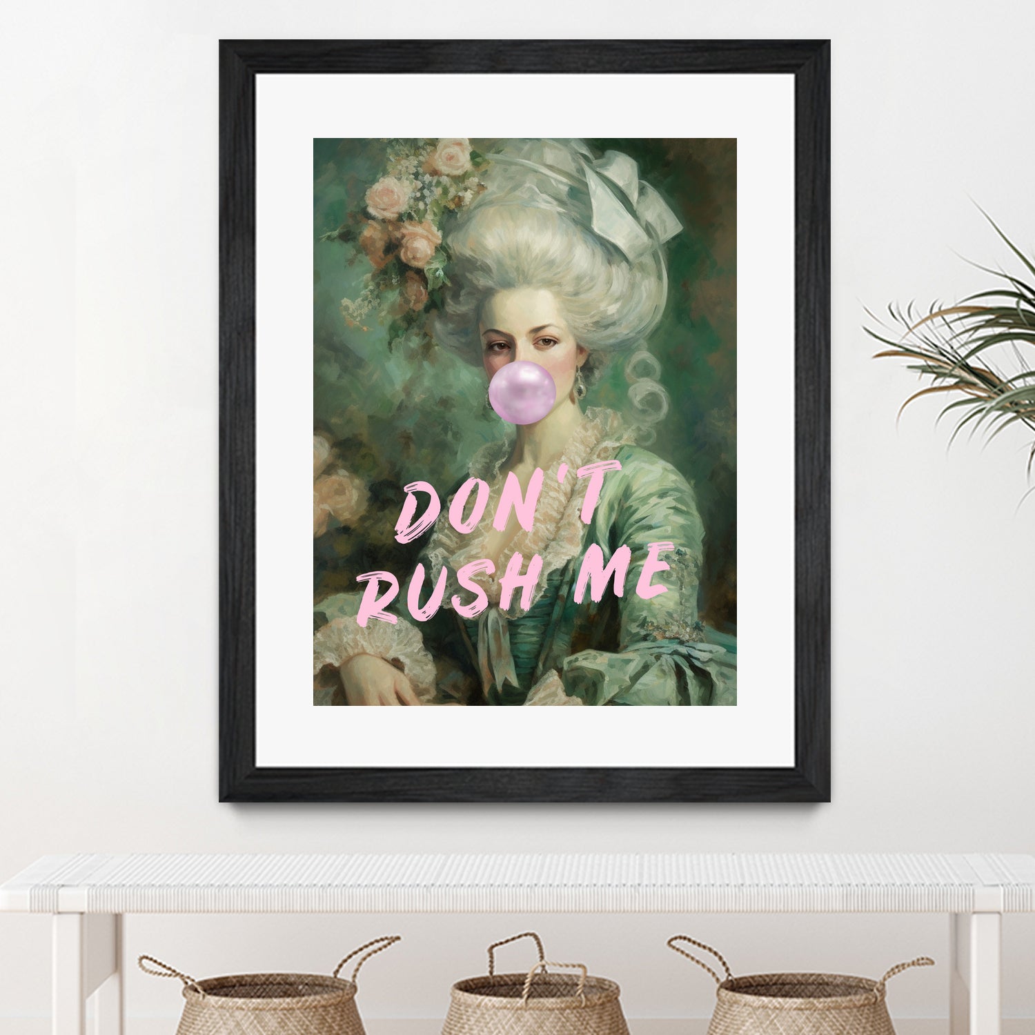Marie Antoinette Dont Rush Me by Talitha McQueen on GIANT ART - pink contemporary human face,flower,text,clothing,painting,doll,poster,person,fashion,flowers,flora,floral,botanical,flowers and plants,botanicals,word,words,painted,paint,painterly,people,portrait,figurative