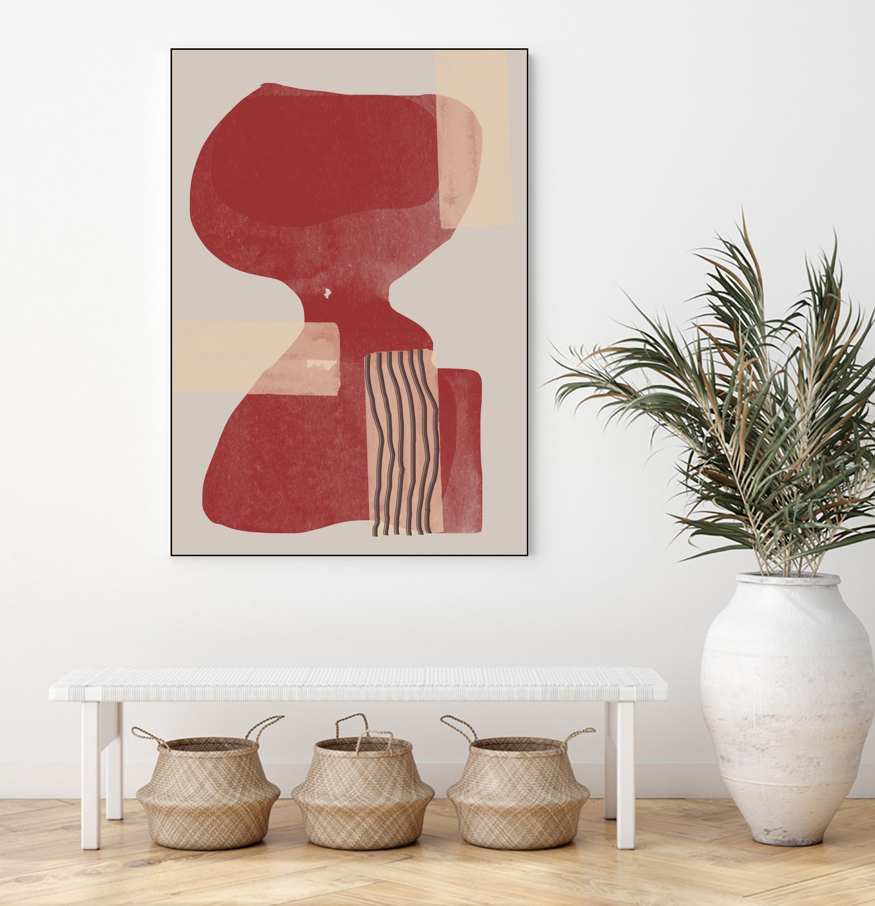Crimson Harmony by THE MIUUS STUDIO on GIANT ART - red shape abstract, bold, white, grey, gray, calm, painting, print, wallart, wall art, energetic, colourful, graphic print, illustration, soft, brush strokes, cute, prints, home decor, beige, black, drawing