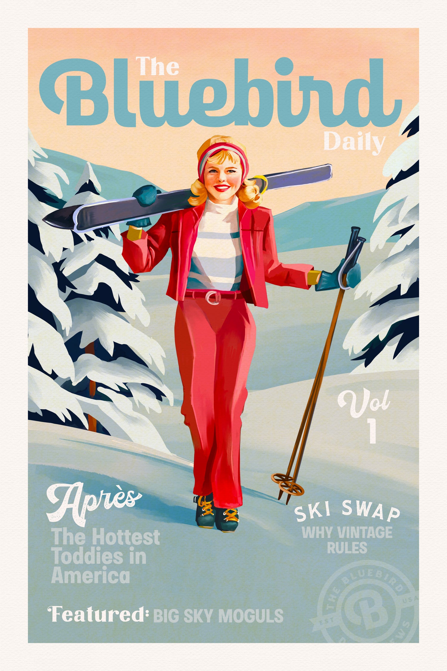 The Bluebird Daily Pinup Ski Art by The Whiskey Ginger on GIANT ART - figurative text
