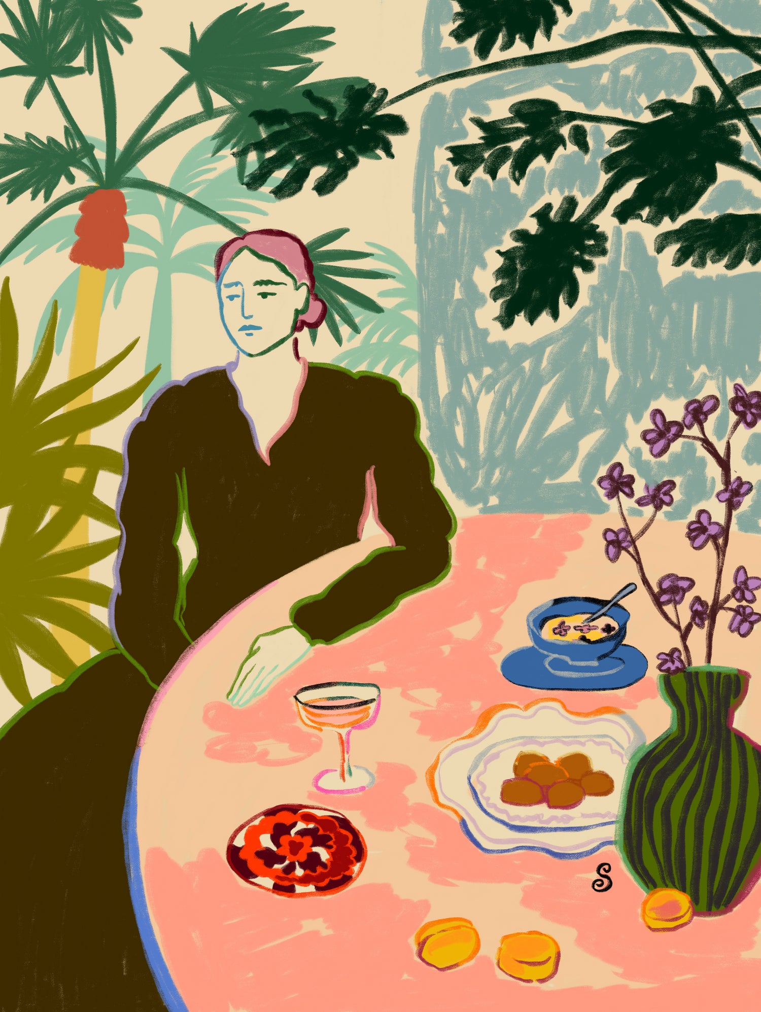 TROPICAL BRUNCH by Sandra Poliakov f on GIANT ART - pink figurative woman,brunch,still life,flowers,picnic,coffee,cocktail ,champaign,apricots,fruit,green,tropical,bali,vacation,feminine,olive green ,vase,fashion,blue sky,tropical ,palm trees,beach,summer,calm,relaxed,mindfulness,slowing down,self love,self care,pink