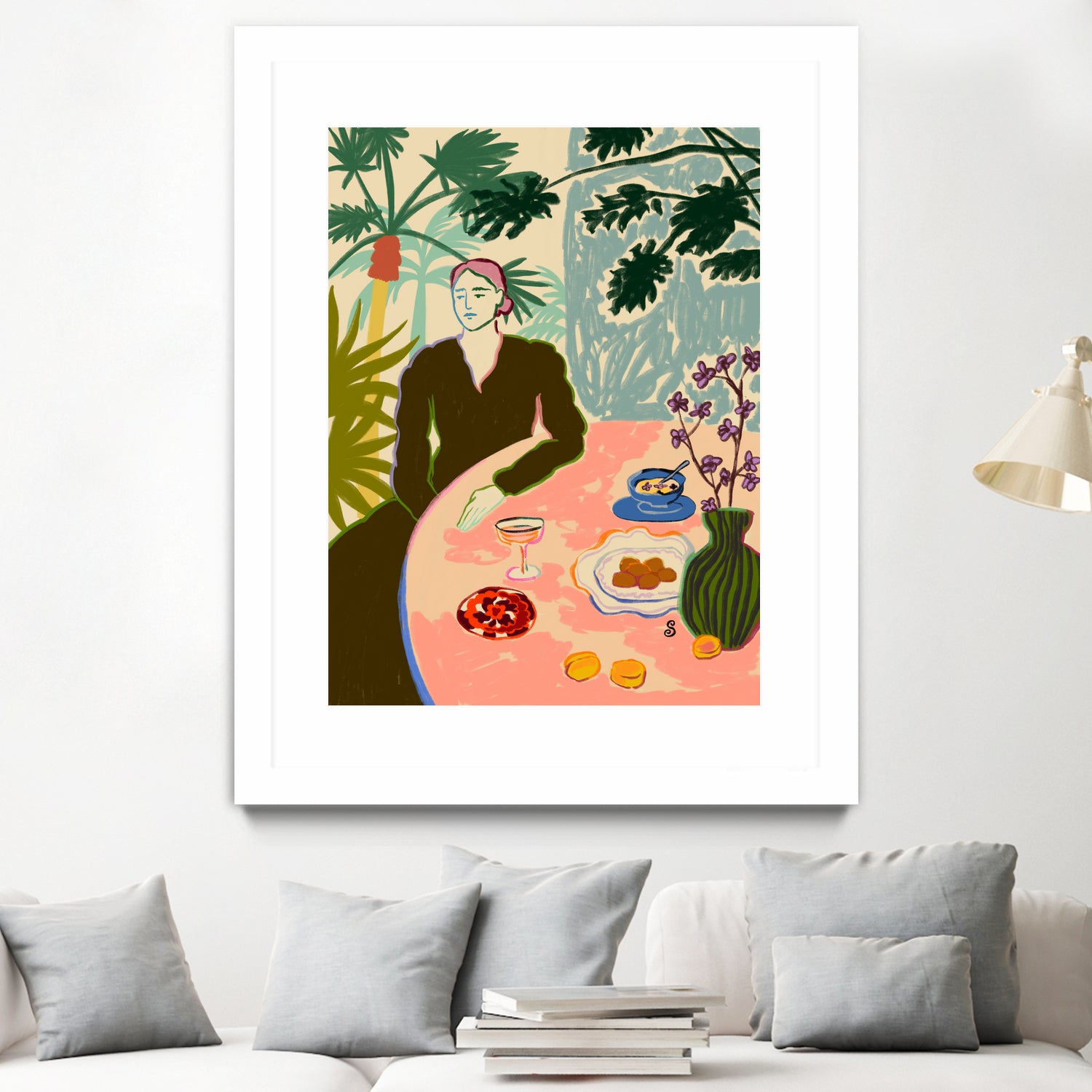 TROPICAL BRUNCH by Sandra Poliakov f on GIANT ART - pink figurative woman,brunch,still life,flowers,picnic,coffee,cocktail ,champaign,apricots,fruit,green,tropical,bali,vacation,feminine,olive green ,vase,fashion,blue sky,tropical ,palm trees,beach,summer,calm,relaxed,mindfulness,slowing down,self love,self care,pink