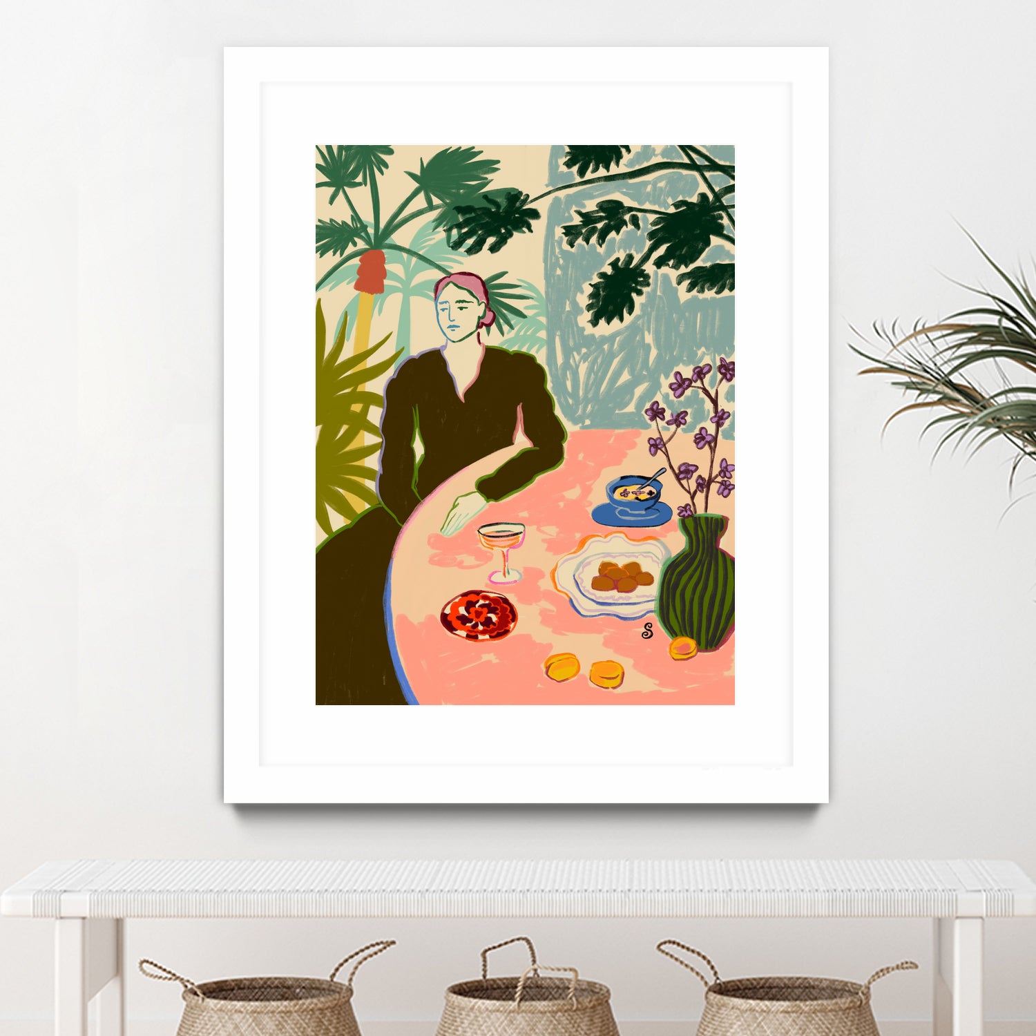 TROPICAL BRUNCH by Sandra Poliakov f on GIANT ART - pink figurative woman,brunch,still life,flowers,picnic,coffee,cocktail ,champaign,apricots,fruit,green,tropical,bali,vacation,feminine,olive green ,vase,fashion,blue sky,tropical ,palm trees,beach,summer,calm,relaxed,mindfulness,slowing down,self love,self care,pink
