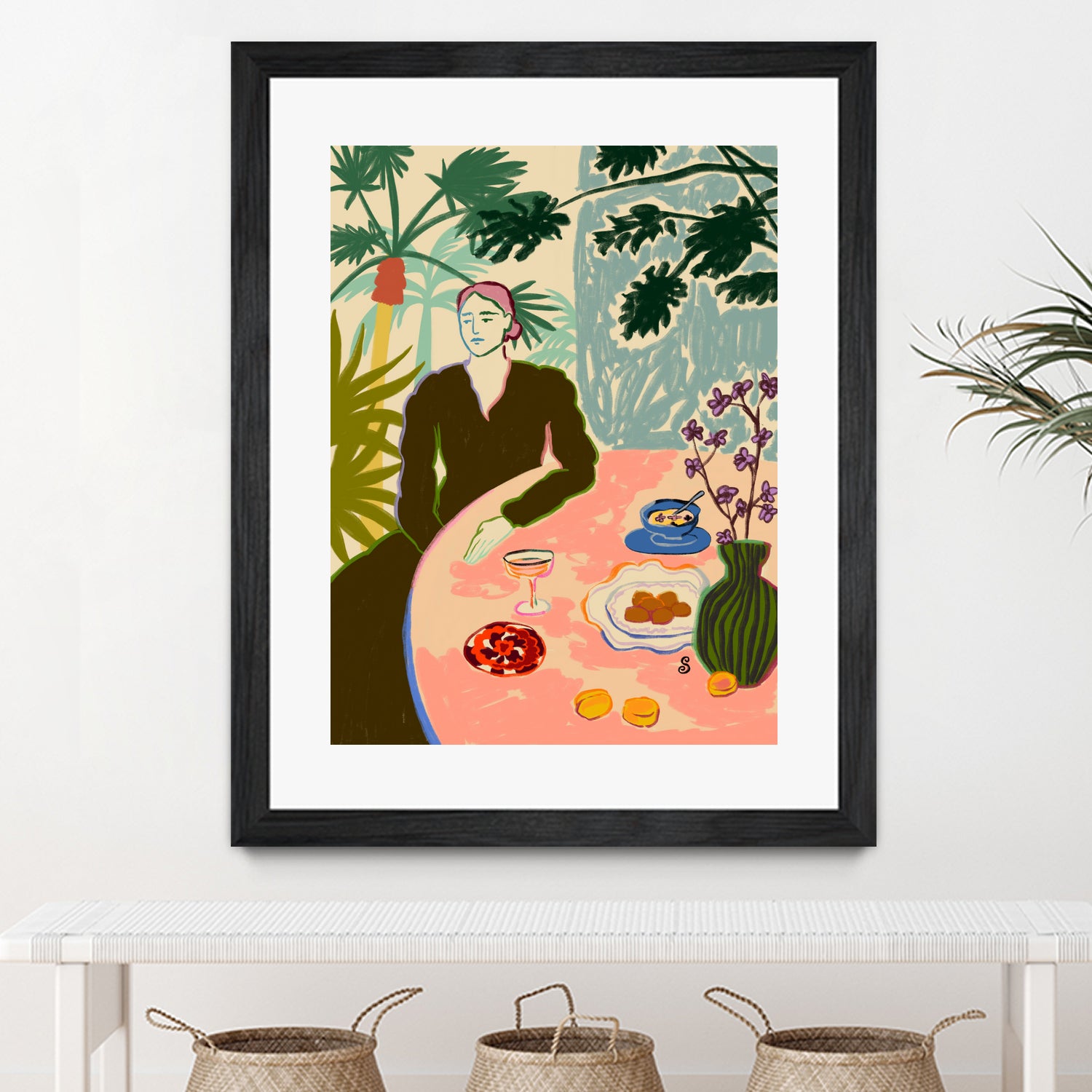 TROPICAL BRUNCH by Sandra Poliakov f on GIANT ART - pink figurative woman,brunch,still life,flowers,picnic,coffee,cocktail ,champaign,apricots,fruit,green,tropical,bali,vacation,feminine,olive green ,vase,fashion,blue sky,tropical ,palm trees,beach,summer,calm,relaxed,mindfulness,slowing down,self love,self care,pink