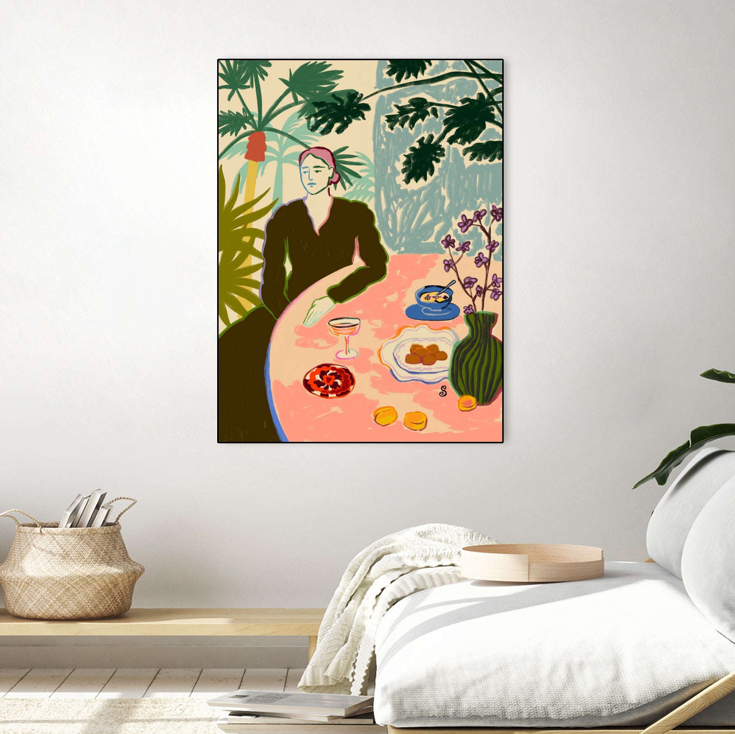 TROPICAL BRUNCH by Sandra Poliakov f on GIANT ART - pink figurative woman,brunch,still life,flowers,picnic,coffee,cocktail ,champaign,apricots,fruit,green,tropical,bali,vacation,feminine,olive green ,vase,fashion,blue sky,tropical ,palm trees,beach,summer,calm,relaxed,mindfulness,slowing down,self love,self care,pink