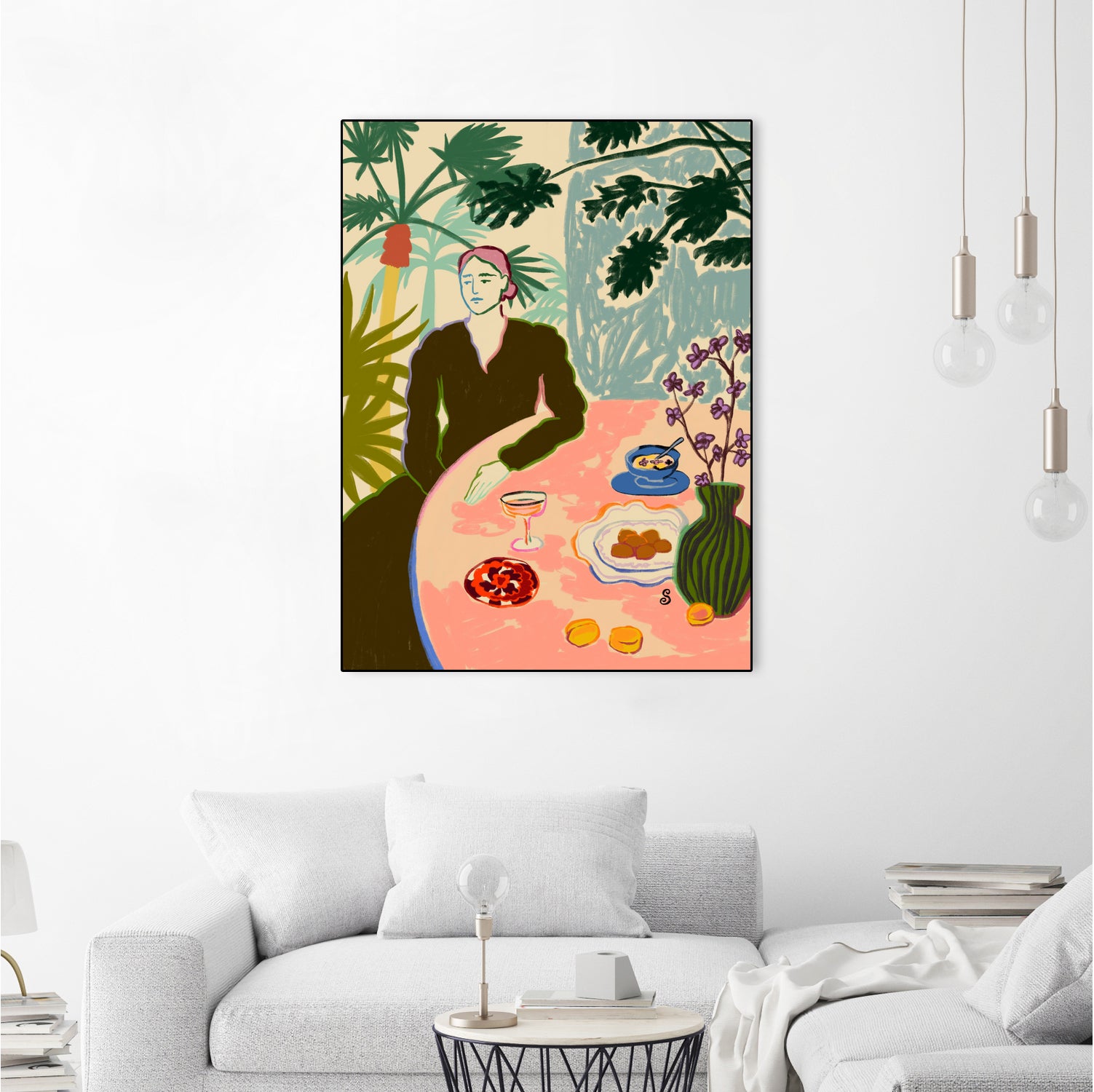 TROPICAL BRUNCH by Sandra Poliakov f on GIANT ART - pink figurative woman,brunch,still life,flowers,picnic,coffee,cocktail ,champaign,apricots,fruit,green,tropical,bali,vacation,feminine,olive green ,vase,fashion,blue sky,tropical ,palm trees,beach,summer,calm,relaxed,mindfulness,slowing down,self love,self care,pink