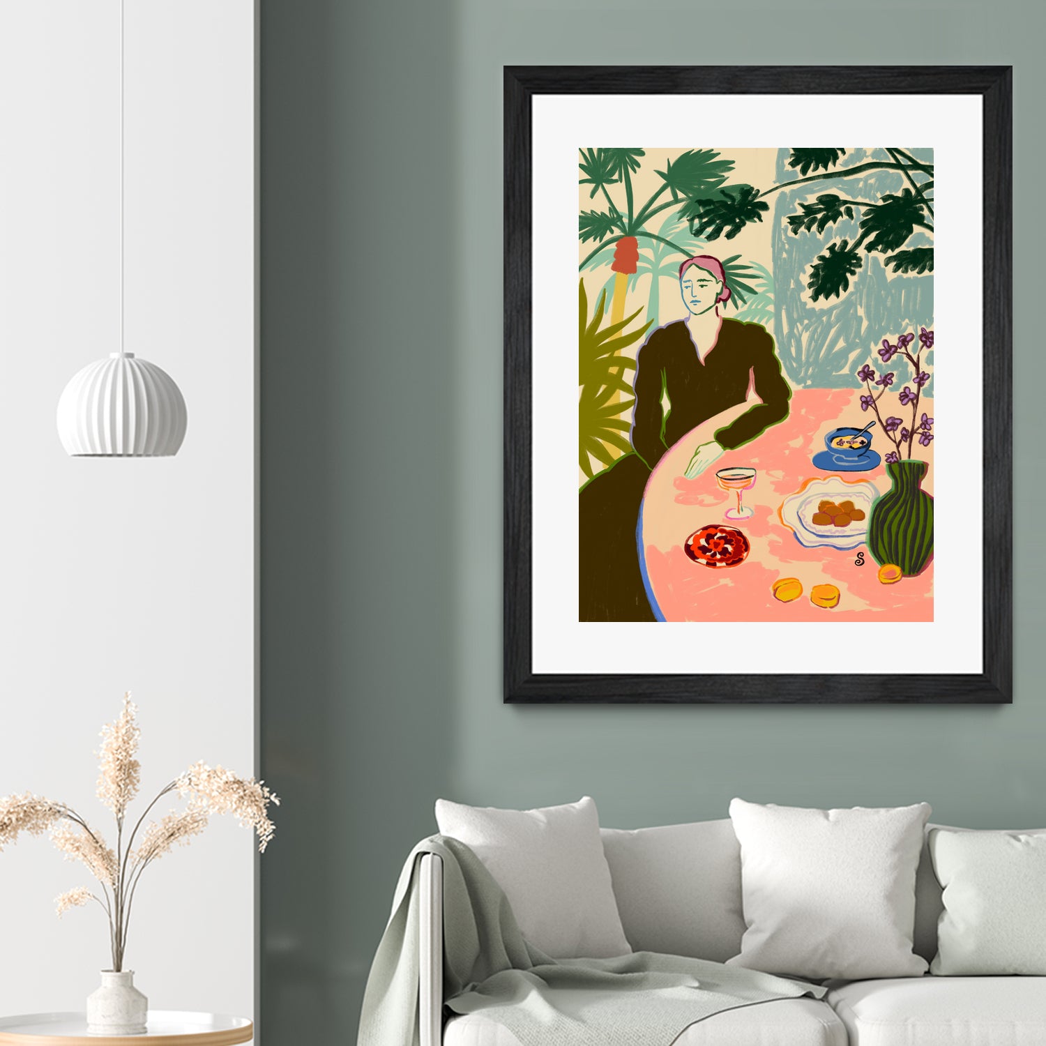 TROPICAL BRUNCH by Sandra Poliakov f on GIANT ART - pink figurative woman,brunch,still life,flowers,picnic,coffee,cocktail ,champaign,apricots,fruit,green,tropical,bali,vacation,feminine,olive green ,vase,fashion,blue sky,tropical ,palm trees,beach,summer,calm,relaxed,mindfulness,slowing down,self love,self care,pink