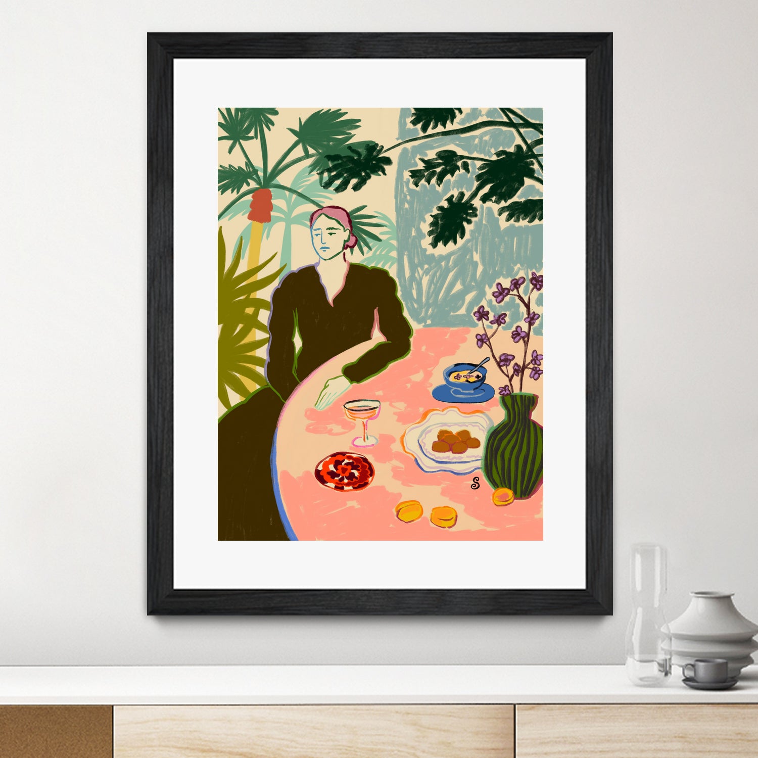 TROPICAL BRUNCH by Sandra Poliakov f on GIANT ART - pink figurative woman,brunch,still life,flowers,picnic,coffee,cocktail ,champaign,apricots,fruit,green,tropical,bali,vacation,feminine,olive green ,vase,fashion,blue sky,tropical ,palm trees,beach,summer,calm,relaxed,mindfulness,slowing down,self love,self care,pink