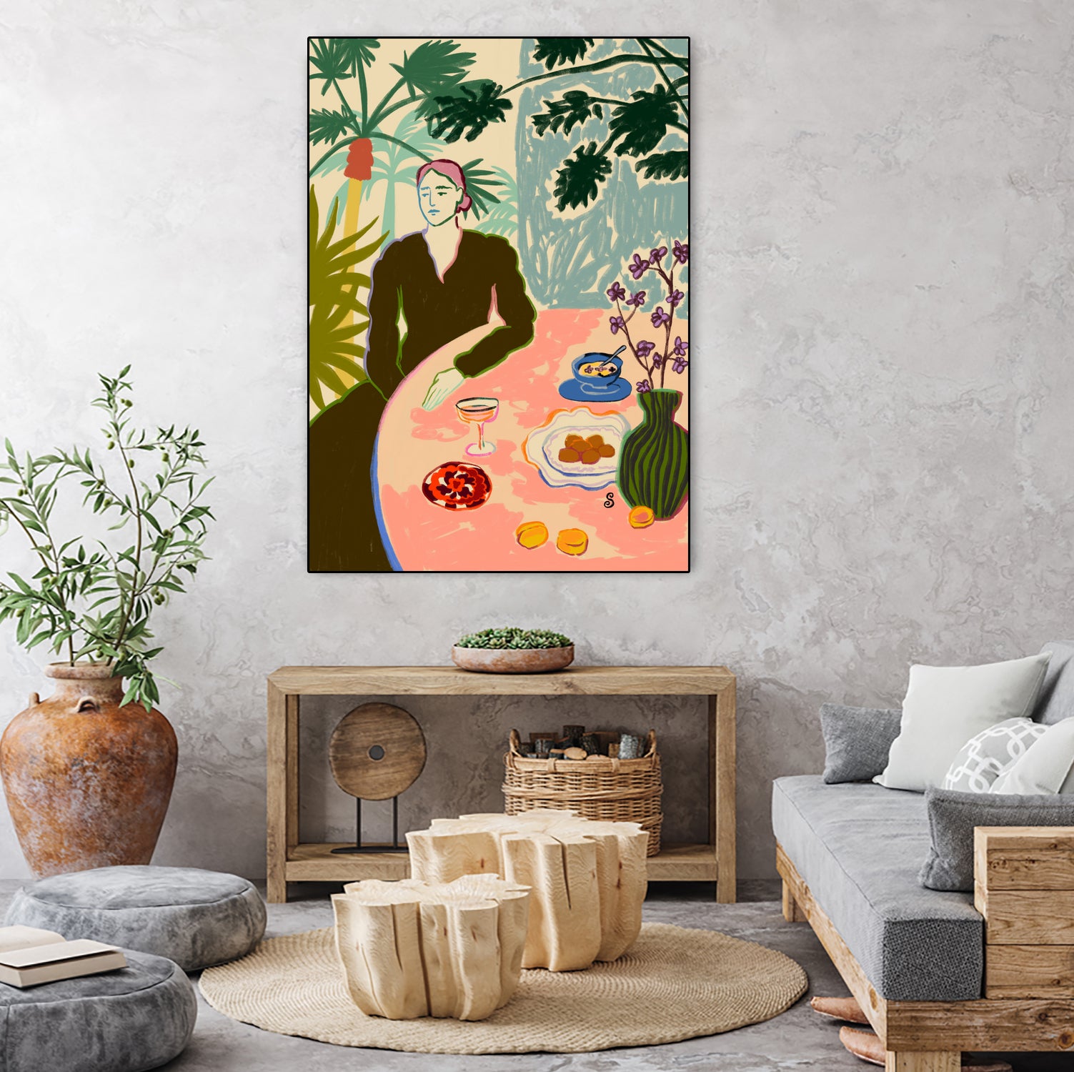 TROPICAL BRUNCH by Sandra Poliakov f on GIANT ART - pink figurative woman,brunch,still life,flowers,picnic,coffee,cocktail ,champaign,apricots,fruit,green,tropical,bali,vacation,feminine,olive green ,vase,fashion,blue sky,tropical ,palm trees,beach,summer,calm,relaxed,mindfulness,slowing down,self love,self care,pink