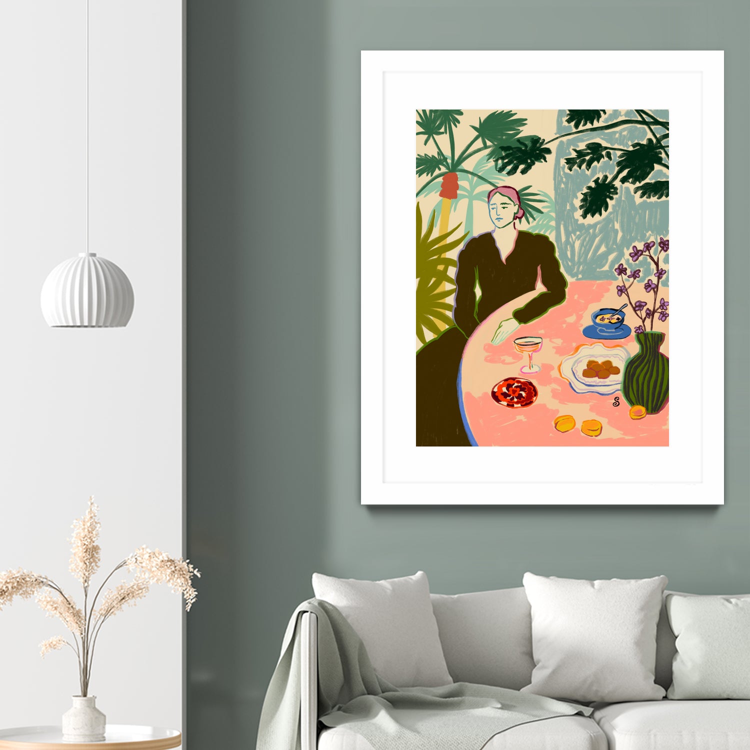 TROPICAL BRUNCH by Sandra Poliakov f on GIANT ART - pink figurative woman,brunch,still life,flowers,picnic,coffee,cocktail ,champaign,apricots,fruit,green,tropical,bali,vacation,feminine,olive green ,vase,fashion,blue sky,tropical ,palm trees,beach,summer,calm,relaxed,mindfulness,slowing down,self love,self care,pink