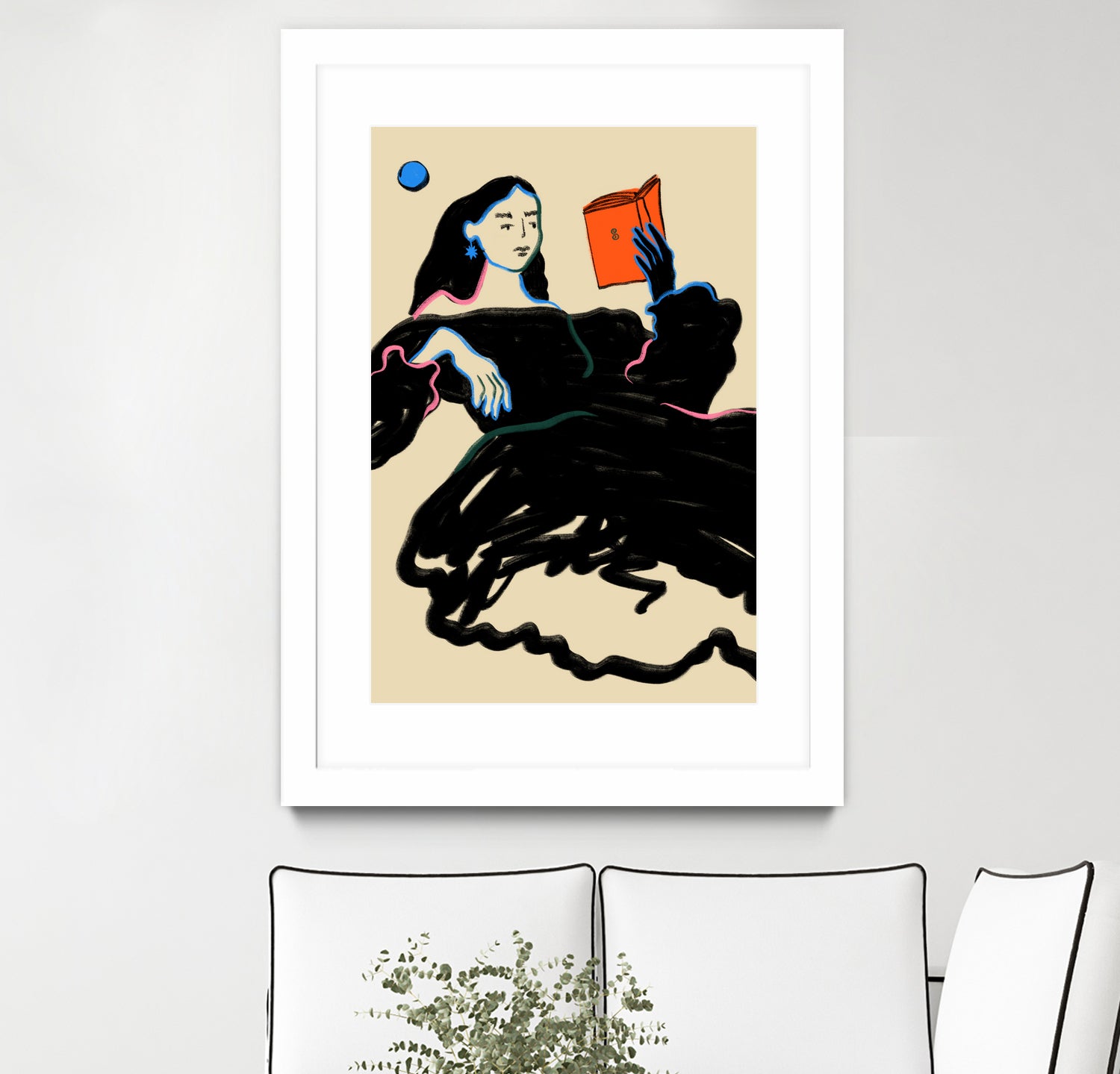 Midnight Reading by Sandra Poliakov on GIANT ART - figurative drawing,illustration,sketch,human face,painting,art,clipart,cartoon,woman,black dress,reading,book worm,reader,colourful ,pastell,relaxed,calm,mindful,slow living,moon,night,feminine,girl power,home decor ,maximalist,graphic,painted,paint,painterly,person,people,still,serene,peace,peaceful,tranquil,tranquilitiy,stillness,harmony,sky