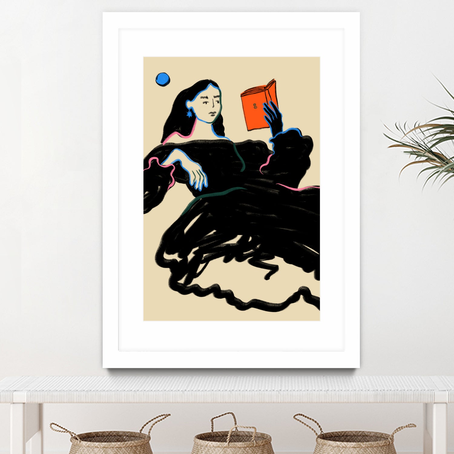 Midnight Reading by Sandra Poliakov on GIANT ART - figurative drawing,illustration,sketch,human face,painting,art,clipart,cartoon,woman,black dress,reading,book worm,reader,colourful ,pastell,relaxed,calm,mindful,slow living,moon,night,feminine,girl power,home decor ,maximalist,graphic,painted,paint,painterly,person,people,still,serene,peace,peaceful,tranquil,tranquilitiy,stillness,harmony,sky