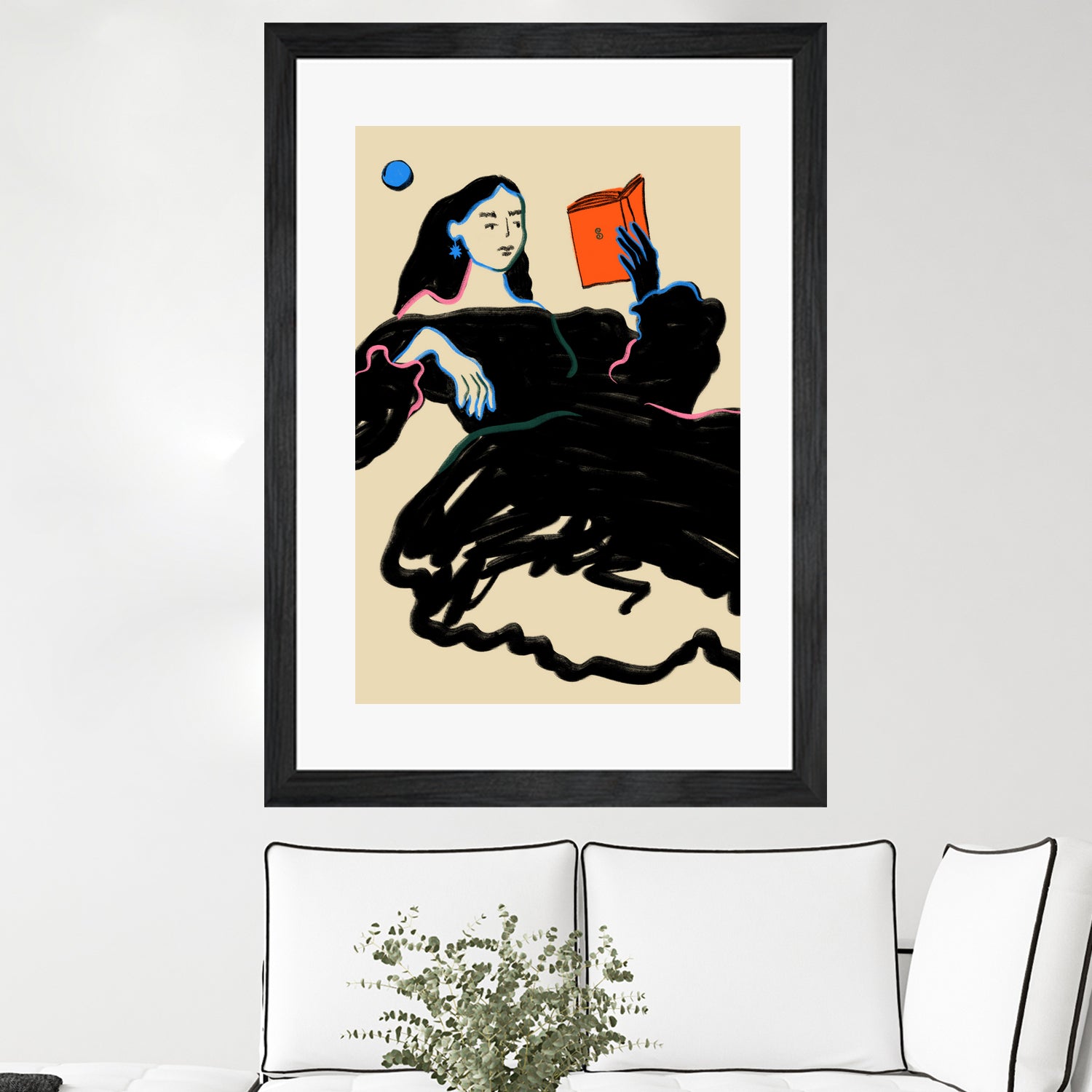 Midnight Reading by Sandra Poliakov on GIANT ART - figurative drawing,illustration,sketch,human face,painting,art,clipart,cartoon,woman,black dress,reading,book worm,reader,colourful ,pastell,relaxed,calm,mindful,slow living,moon,night,feminine,girl power,home decor ,maximalist,graphic,painted,paint,painterly,person,people,still,serene,peace,peaceful,tranquil,tranquilitiy,stillness,harmony,sky