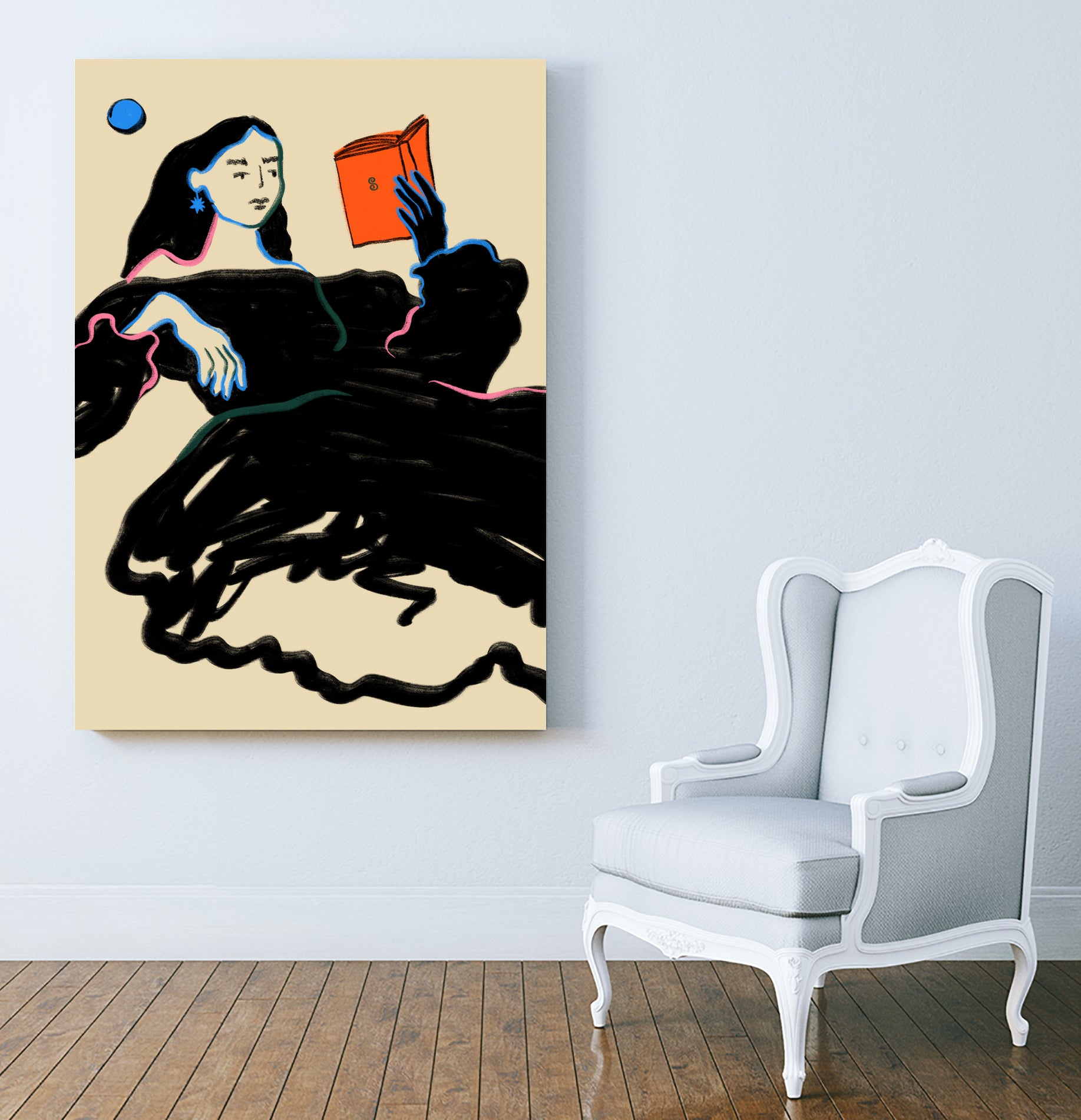 Midnight Reading by Sandra Poliakov on GIANT ART - figurative drawing,illustration,sketch,human face,painting,art,clipart,cartoon,woman,black dress,reading,book worm,reader,colourful ,pastell,relaxed,calm,mindful,slow living,moon,night,feminine,girl power,home decor ,maximalist,graphic,painted,paint,painterly,person,people,still,serene,peace,peaceful,tranquil,tranquilitiy,stillness,harmony,sky