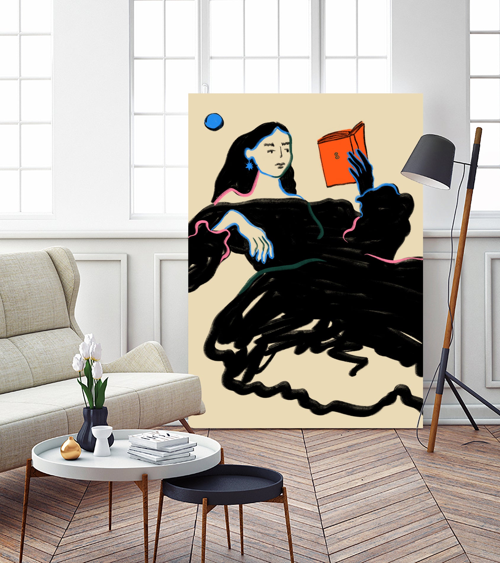 Midnight Reading by Sandra Poliakov on GIANT ART - figurative drawing,illustration,sketch,human face,painting,art,clipart,cartoon,woman,black dress,reading,book worm,reader,colourful ,pastell,relaxed,calm,mindful,slow living,moon,night,feminine,girl power,home decor ,maximalist,graphic,painted,paint,painterly,person,people,still,serene,peace,peaceful,tranquil,tranquilitiy,stillness,harmony,sky