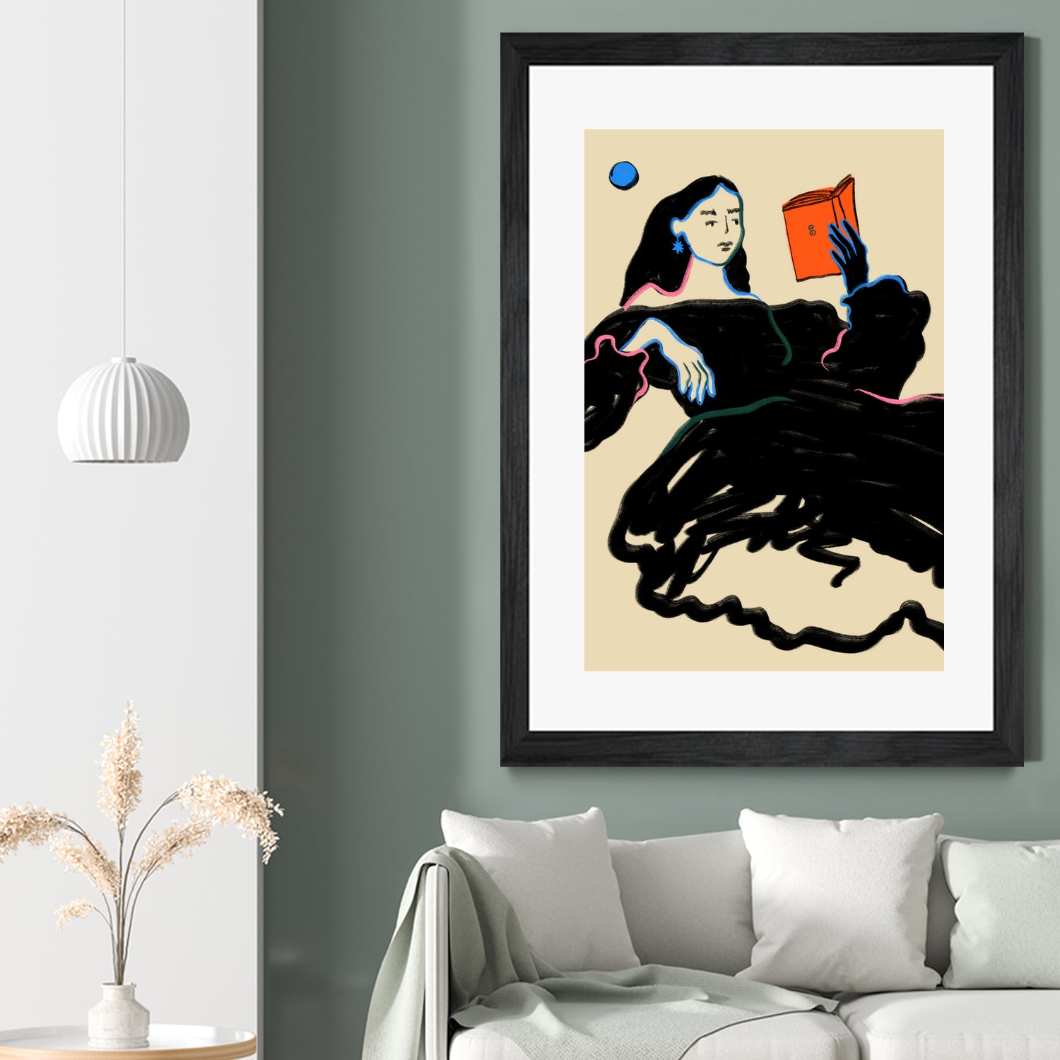 Midnight Reading by Sandra Poliakov on GIANT ART - figurative drawing,illustration,sketch,human face,painting,art,clipart,cartoon,woman,black dress,reading,book worm,reader,colourful ,pastell,relaxed,calm,mindful,slow living,moon,night,feminine,girl power,home decor ,maximalist,graphic,painted,paint,painterly,person,people,still,serene,peace,peaceful,tranquil,tranquilitiy,stillness,harmony,sky