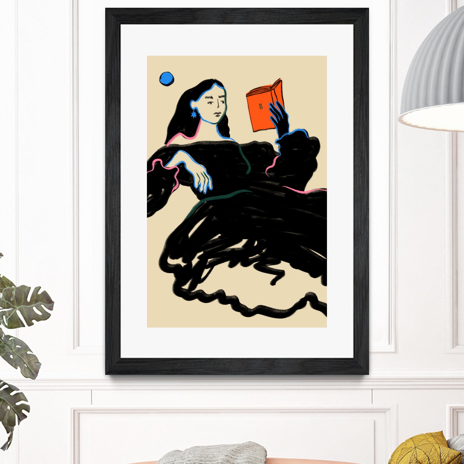 Midnight Reading by Sandra Poliakov on GIANT ART - figurative drawing,illustration,sketch,human face,painting,art,clipart,cartoon,woman,black dress,reading,book worm,reader,colourful ,pastell,relaxed,calm,mindful,slow living,moon,night,feminine,girl power,home decor ,maximalist,graphic,painted,paint,painterly,person,people,still,serene,peace,peaceful,tranquil,tranquilitiy,stillness,harmony,sky