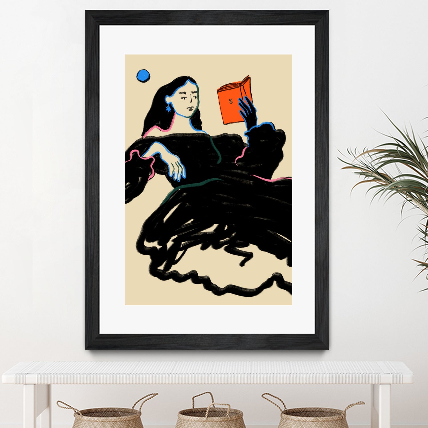 Midnight Reading by Sandra Poliakov on GIANT ART - figurative drawing,illustration,sketch,human face,painting,art,clipart,cartoon,woman,black dress,reading,book worm,reader,colourful ,pastell,relaxed,calm,mindful,slow living,moon,night,feminine,girl power,home decor ,maximalist,graphic,painted,paint,painterly,person,people,still,serene,peace,peaceful,tranquil,tranquilitiy,stillness,harmony,sky