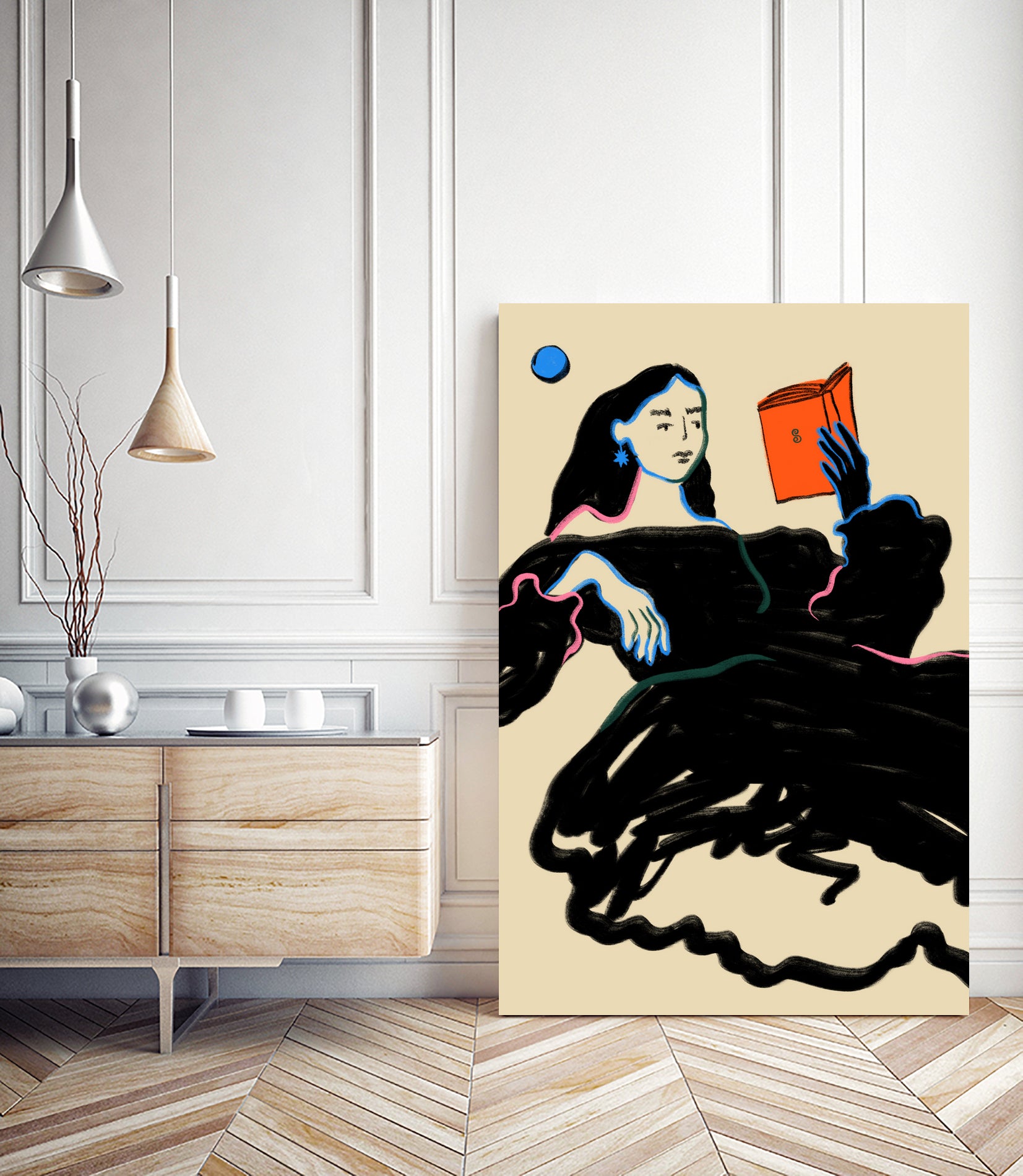 Midnight Reading by Sandra Poliakov on GIANT ART - figurative drawing,illustration,sketch,human face,painting,art,clipart,cartoon,woman,black dress,reading,book worm,reader,colourful ,pastell,relaxed,calm,mindful,slow living,moon,night,feminine,girl power,home decor ,maximalist,graphic,painted,paint,painterly,person,people,still,serene,peace,peaceful,tranquil,tranquilitiy,stillness,harmony,sky