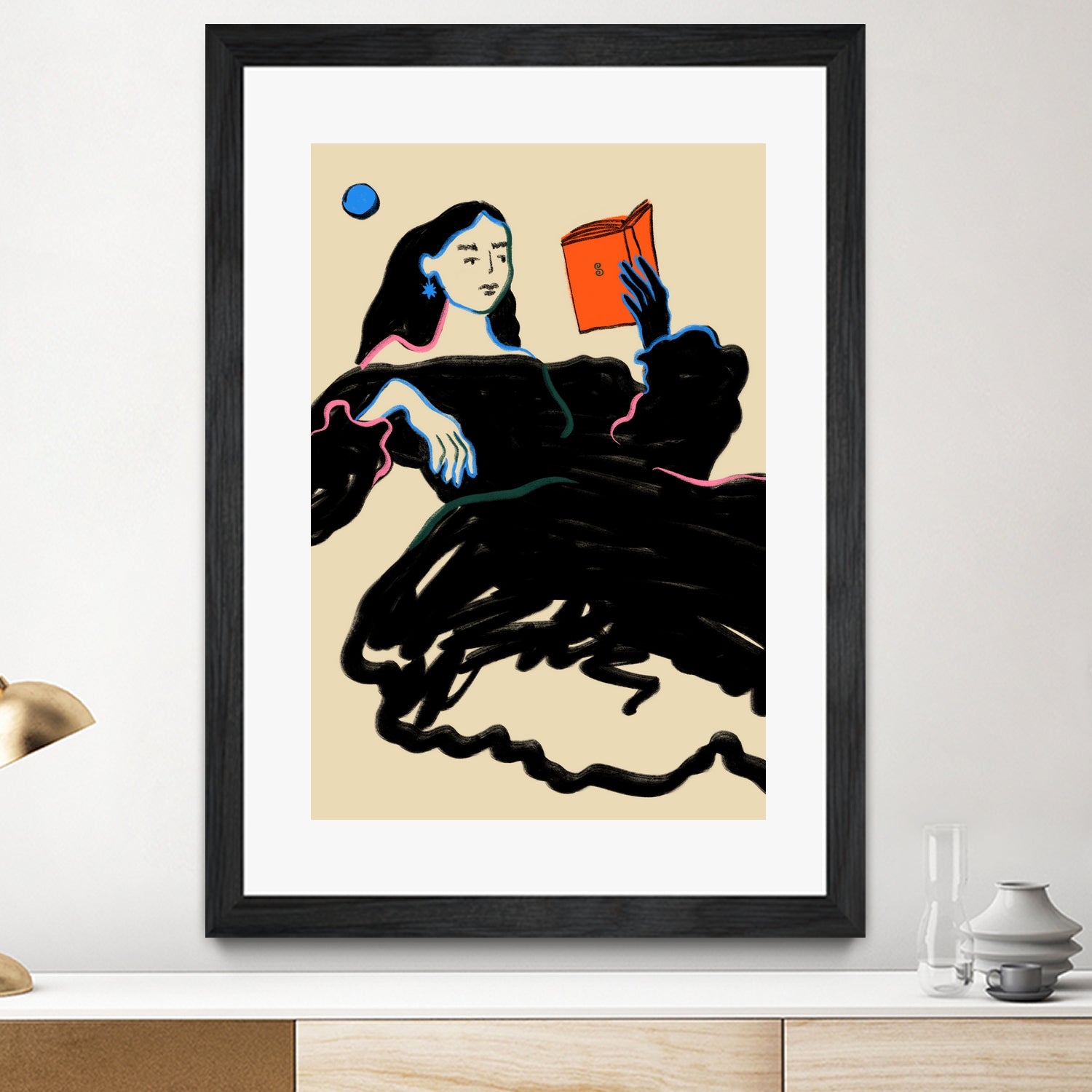 Midnight Reading by Sandra Poliakov on GIANT ART - figurative drawing,illustration,sketch,human face,painting,art,clipart,cartoon,woman,black dress,reading,book worm,reader,colourful ,pastell,relaxed,calm,mindful,slow living,moon,night,feminine,girl power,home decor ,maximalist,graphic,painted,paint,painterly,person,people,still,serene,peace,peaceful,tranquil,tranquilitiy,stillness,harmony,sky