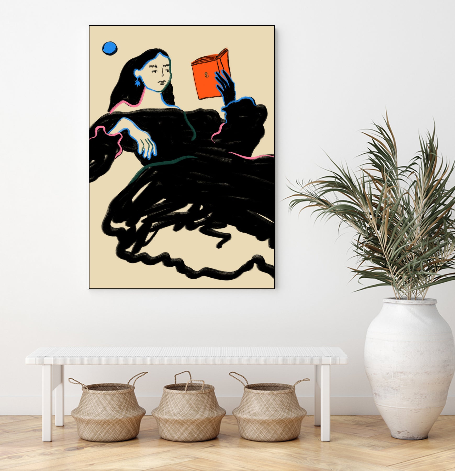 Midnight Reading by Sandra Poliakov on GIANT ART - figurative drawing,illustration,sketch,human face,painting,art,clipart,cartoon,woman,black dress,reading,book worm,reader,colourful ,pastell,relaxed,calm,mindful,slow living,moon,night,feminine,girl power,home decor ,maximalist,graphic,painted,paint,painterly,person,people,still,serene,peace,peaceful,tranquil,tranquilitiy,stillness,harmony,sky