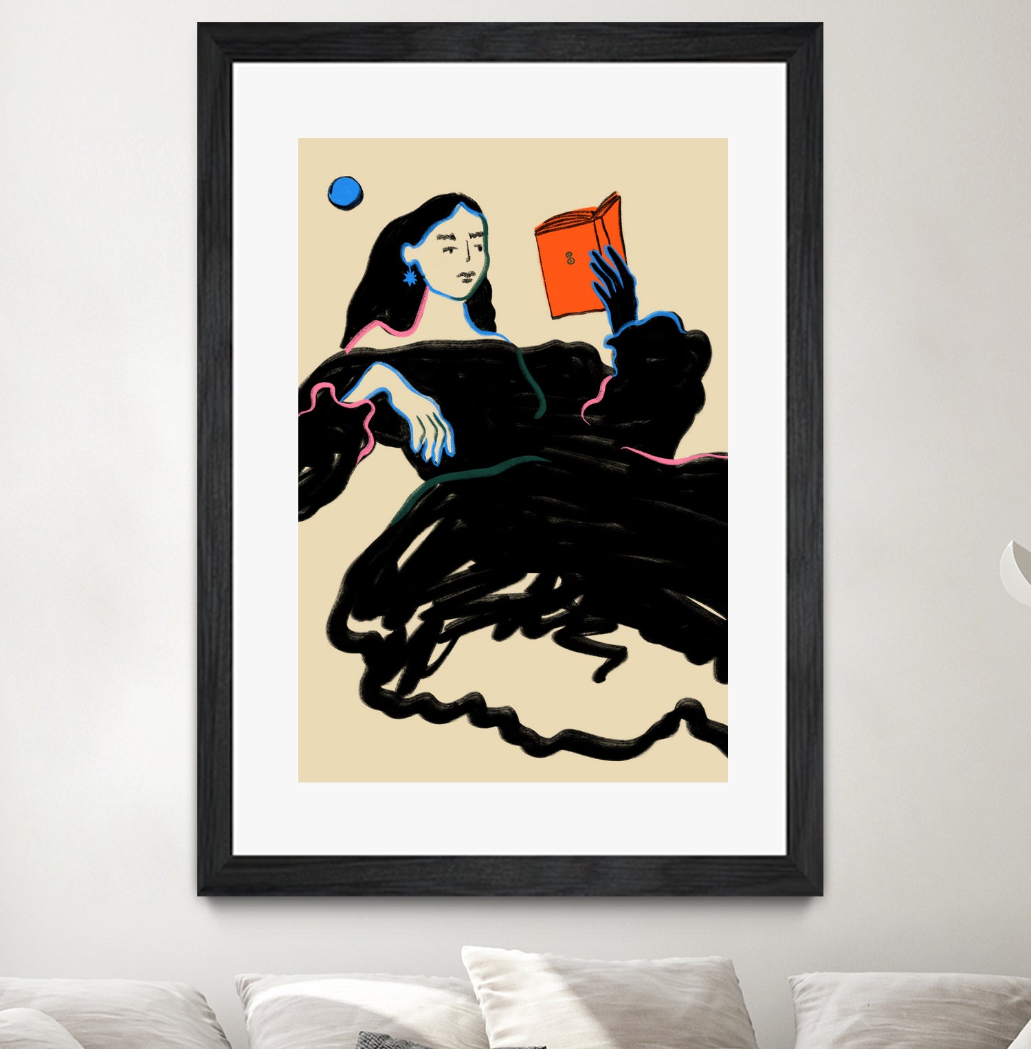 Midnight Reading by Sandra Poliakov on GIANT ART - figurative drawing,illustration,sketch,human face,painting,art,clipart,cartoon,woman,black dress,reading,book worm,reader,colourful ,pastell,relaxed,calm,mindful,slow living,moon,night,feminine,girl power,home decor ,maximalist,graphic,painted,paint,painterly,person,people,still,serene,peace,peaceful,tranquil,tranquilitiy,stillness,harmony,sky
