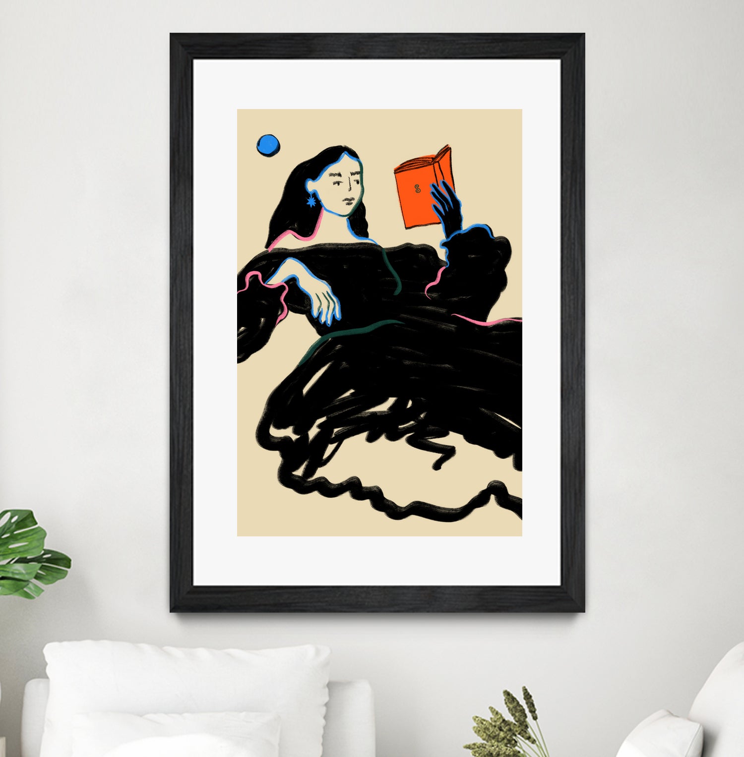 Midnight Reading by Sandra Poliakov on GIANT ART - figurative drawing,illustration,sketch,human face,painting,art,clipart,cartoon,woman,black dress,reading,book worm,reader,colourful ,pastell,relaxed,calm,mindful,slow living,moon,night,feminine,girl power,home decor ,maximalist,graphic,painted,paint,painterly,person,people,still,serene,peace,peaceful,tranquil,tranquilitiy,stillness,harmony,sky