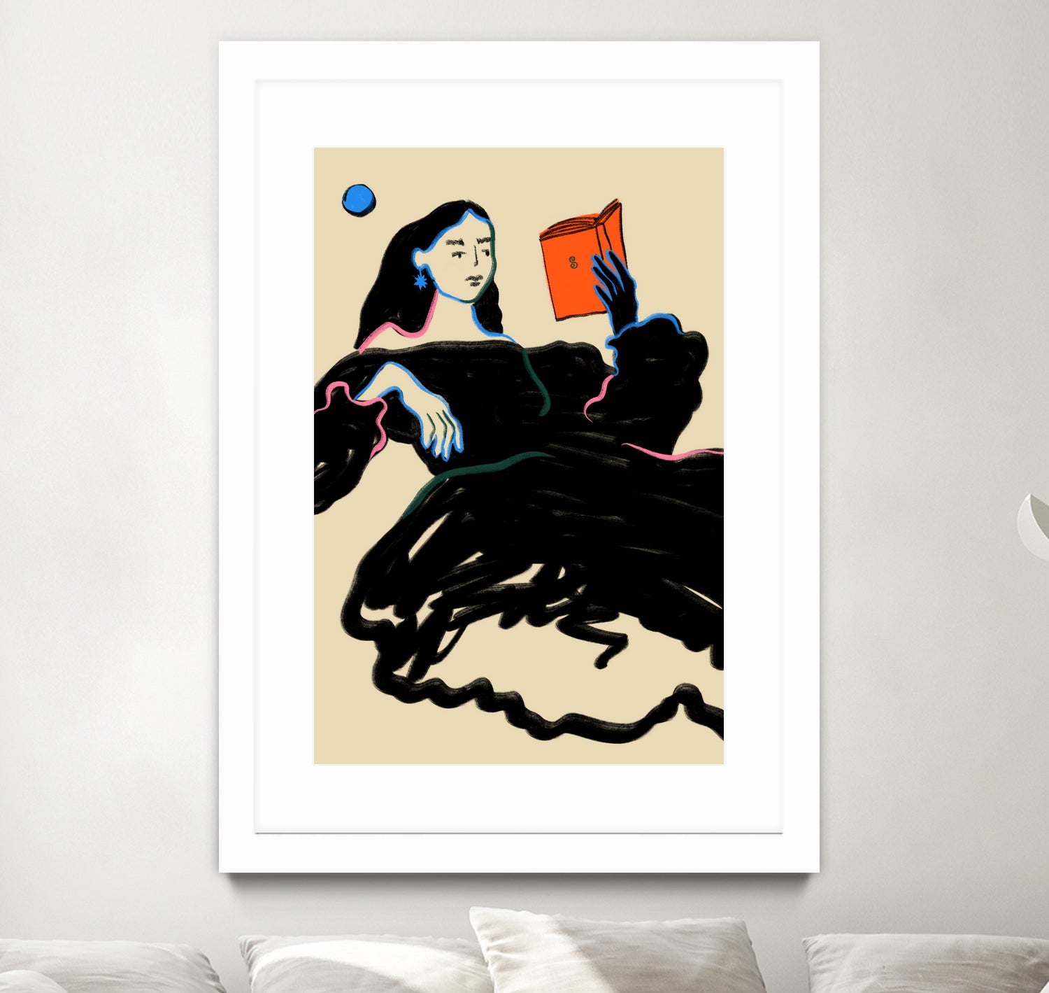 Midnight Reading by Sandra Poliakov on GIANT ART - figurative drawing,illustration,sketch,human face,painting,art,clipart,cartoon,woman,black dress,reading,book worm,reader,colourful ,pastell,relaxed,calm,mindful,slow living,moon,night,feminine,girl power,home decor ,maximalist,graphic,painted,paint,painterly,person,people,still,serene,peace,peaceful,tranquil,tranquilitiy,stillness,harmony,sky