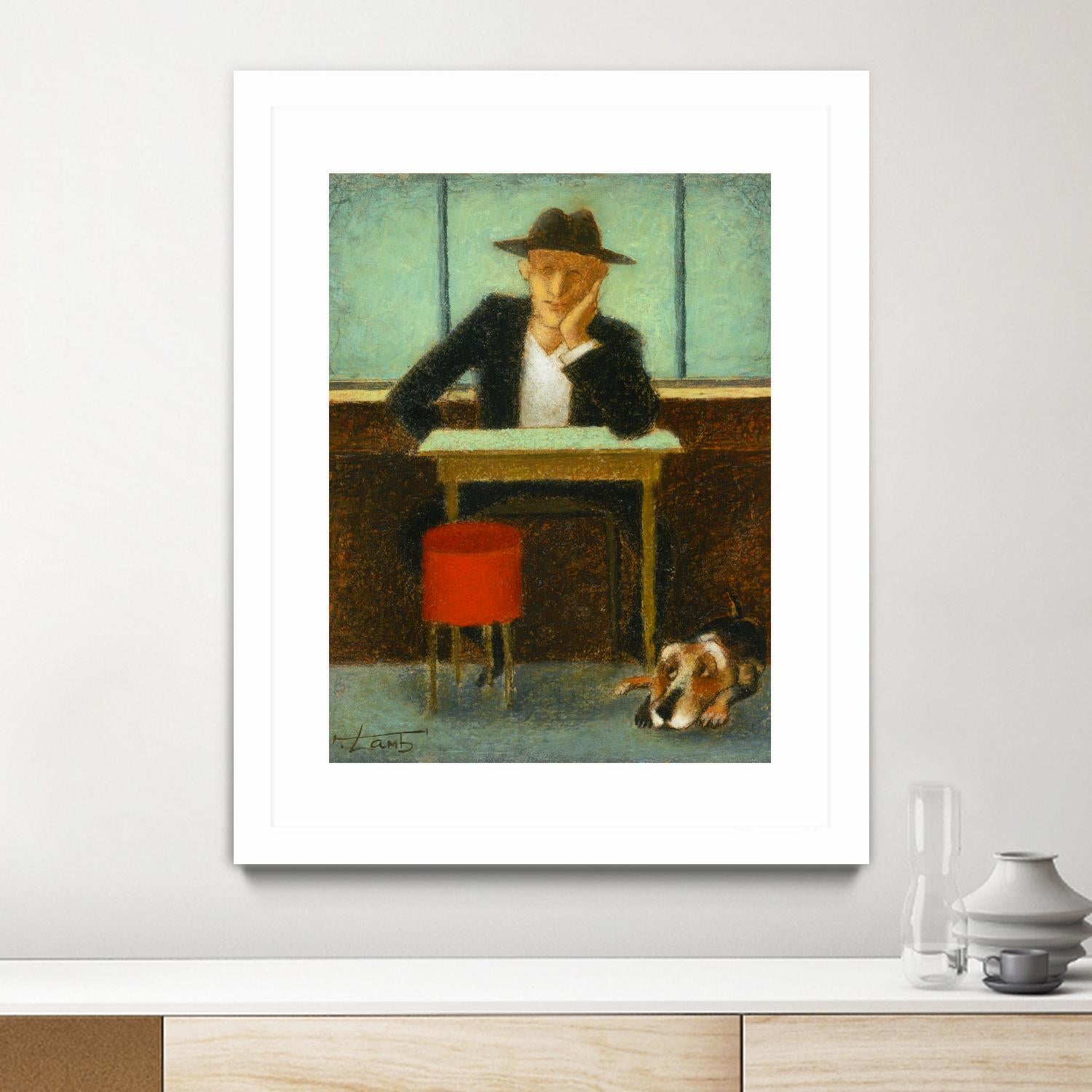 2 in a cafe shop by Steven Lamb on GIANT ART - green figurative homme