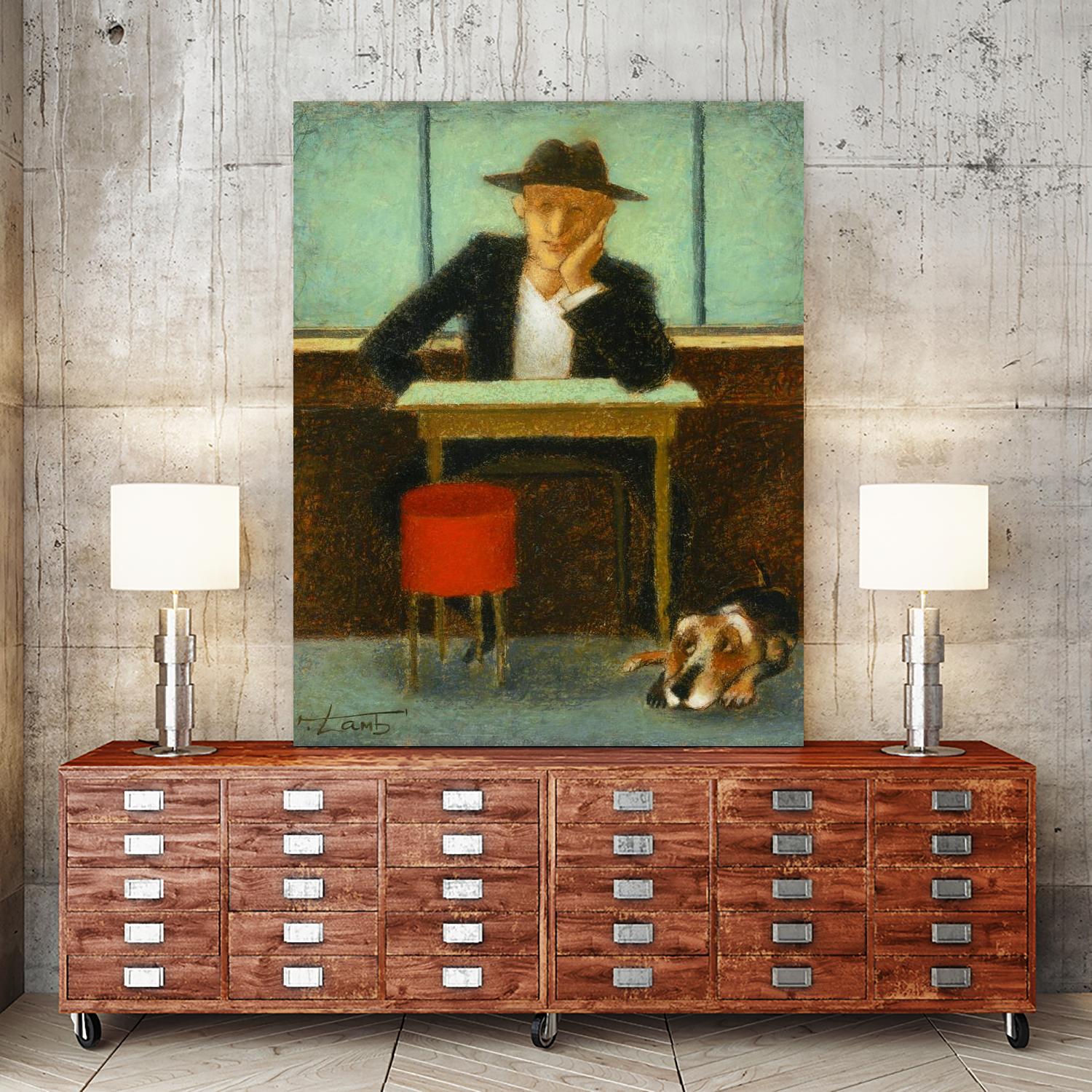 2 in a cafe shop by Steven Lamb on GIANT ART - green figurative homme