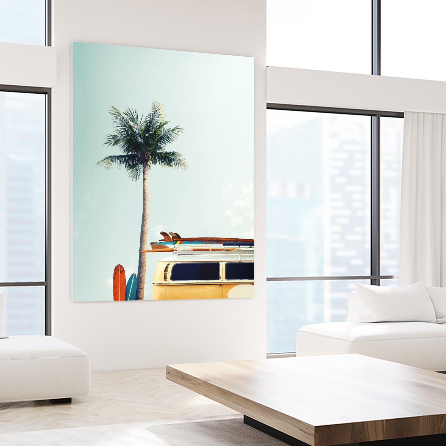 Surf Bus Yellow by Design Fabrikken on GIANT ART - multi coastal, landscapes, photography, beaches, cars, palm trees, surfing, tropical, transportation