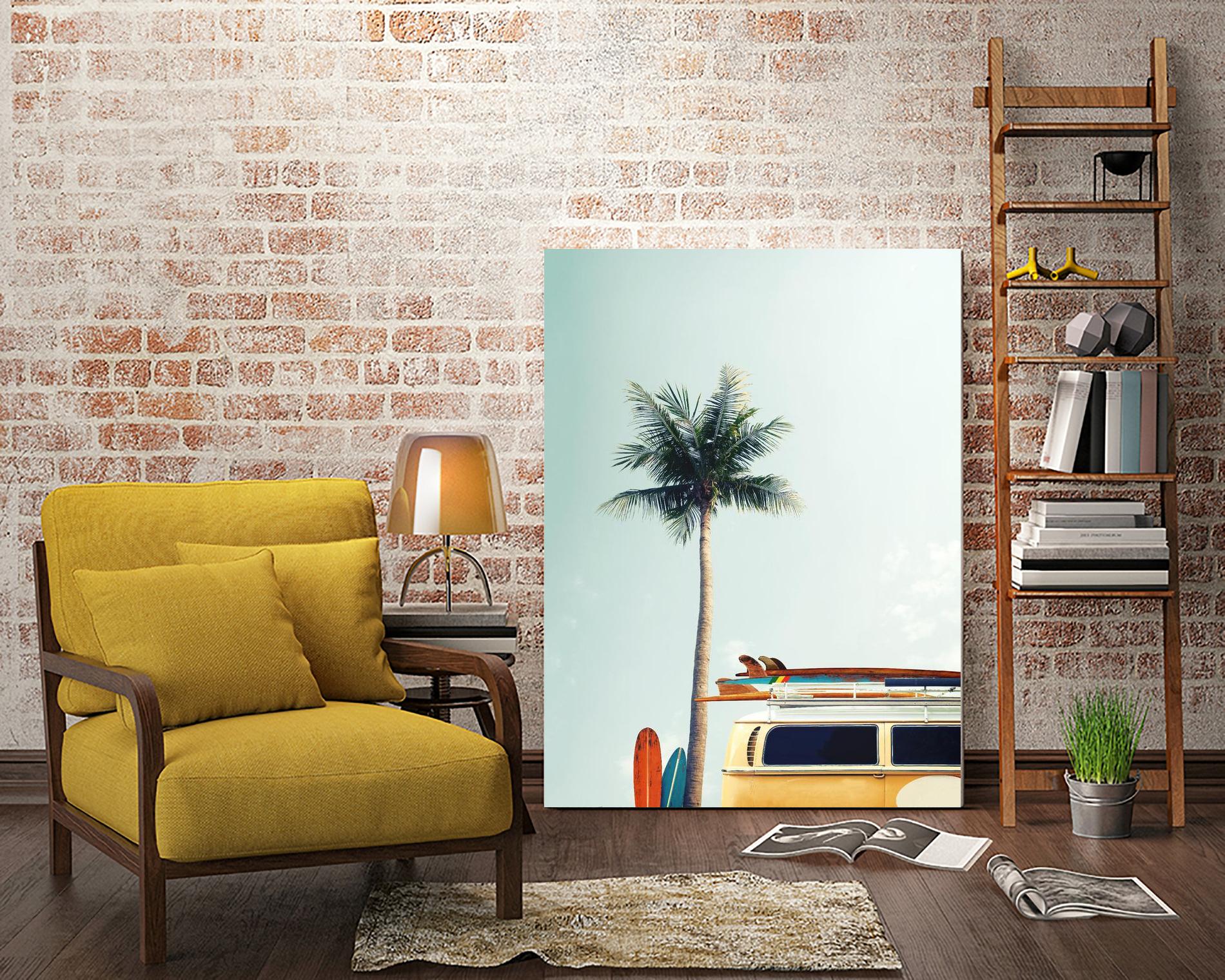 Surf Bus Yellow by Design Fabrikken on GIANT ART - multi coastal, landscapes, photography, beaches, cars, palm trees, surfing, tropical, transportation