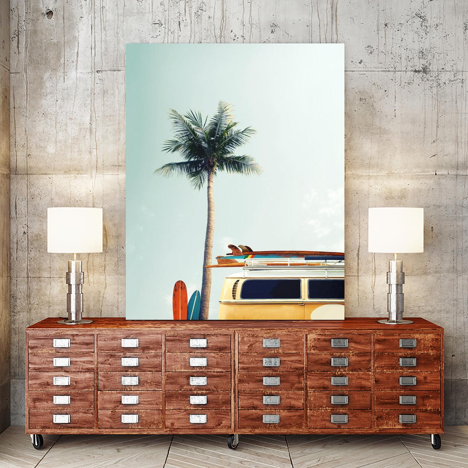 Surf Bus Yellow by Design Fabrikken on GIANT ART - multi coastal, landscapes, photography, beaches, cars, palm trees, surfing, tropical, transportation