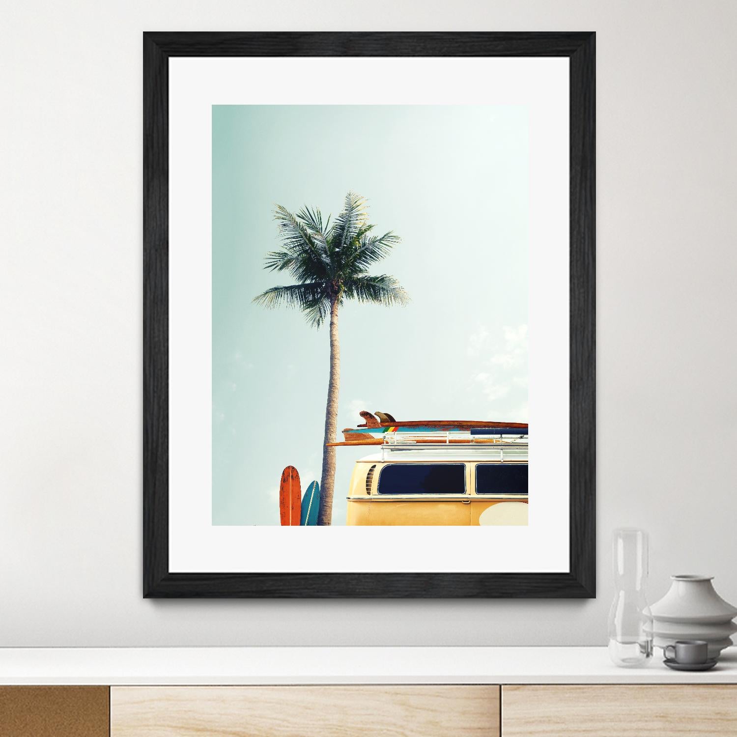 Surf Bus Yellow by Design Fabrikken on GIANT ART - multi coastal, landscapes, photography, beaches, cars, palm trees, surfing, tropical, transportation