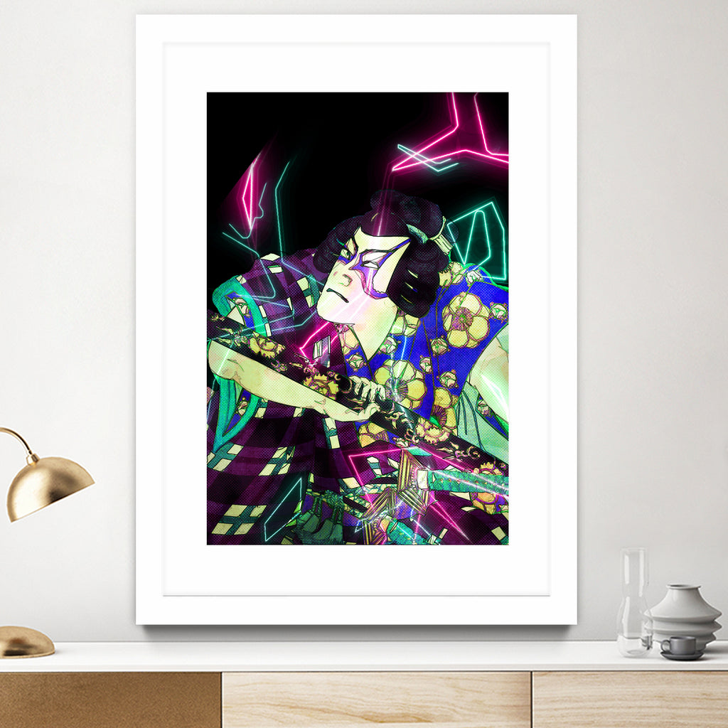 Samurai Japan Print Art Colored Neon Electric by Damian firenza on GIANT ART - fuchsia digital painting