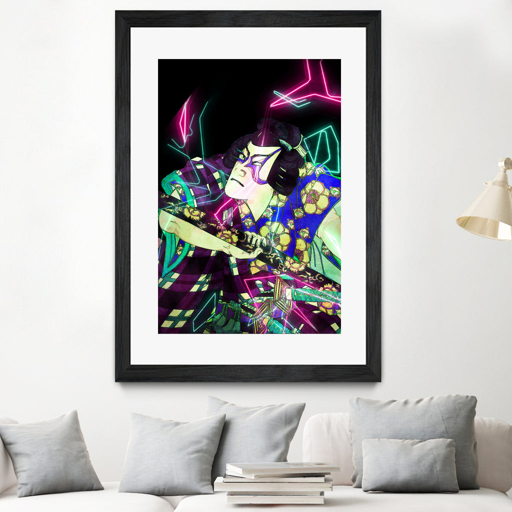 Samurai Japan Print Art Colored Neon Electric by Damian firenza on GIANT ART - fuchsia digital painting