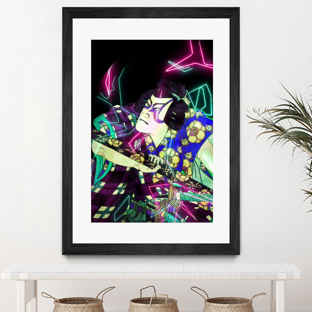 Samurai Japan Print Art Colored Neon Electric by Damian firenza on GIANT ART - fuchsia digital painting