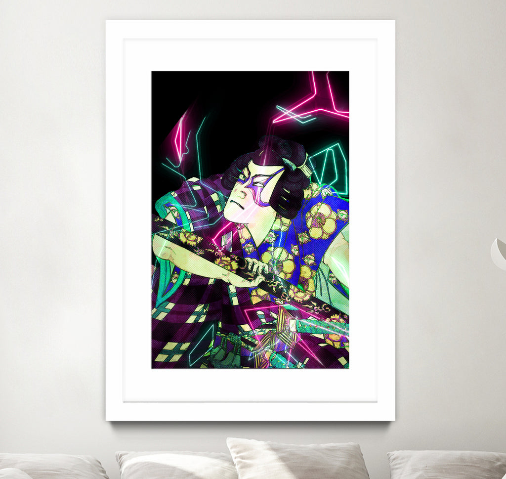 Samurai Japan Print Art Colored Neon Electric by Damian firenza on GIANT ART - fuchsia digital painting