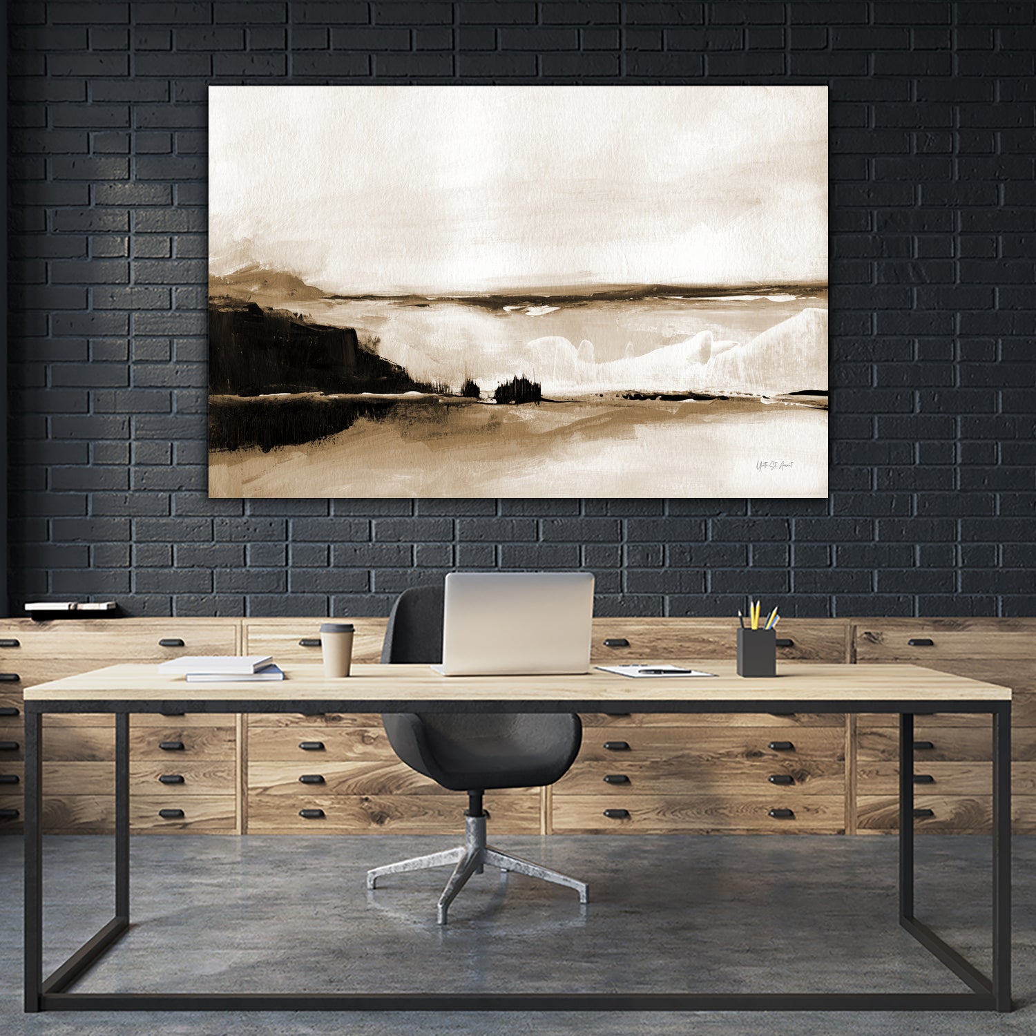 Vintage Landscape Mountainside by Yvette St. Amant on GIANT ART - black