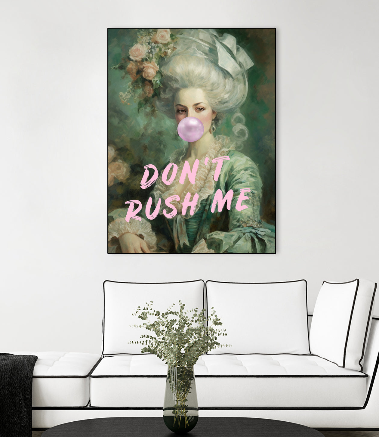 Marie Antoinette Dont Rush Me by Talitha McQueen on GIANT ART - pink contemporary  human face,flower,text,clothing,painting,doll,poster,person,fashion,flowers,flora,floral,botanical,flowers and plants,botanicals,word,words,painted,paint,painterly,people,portrait,figurative