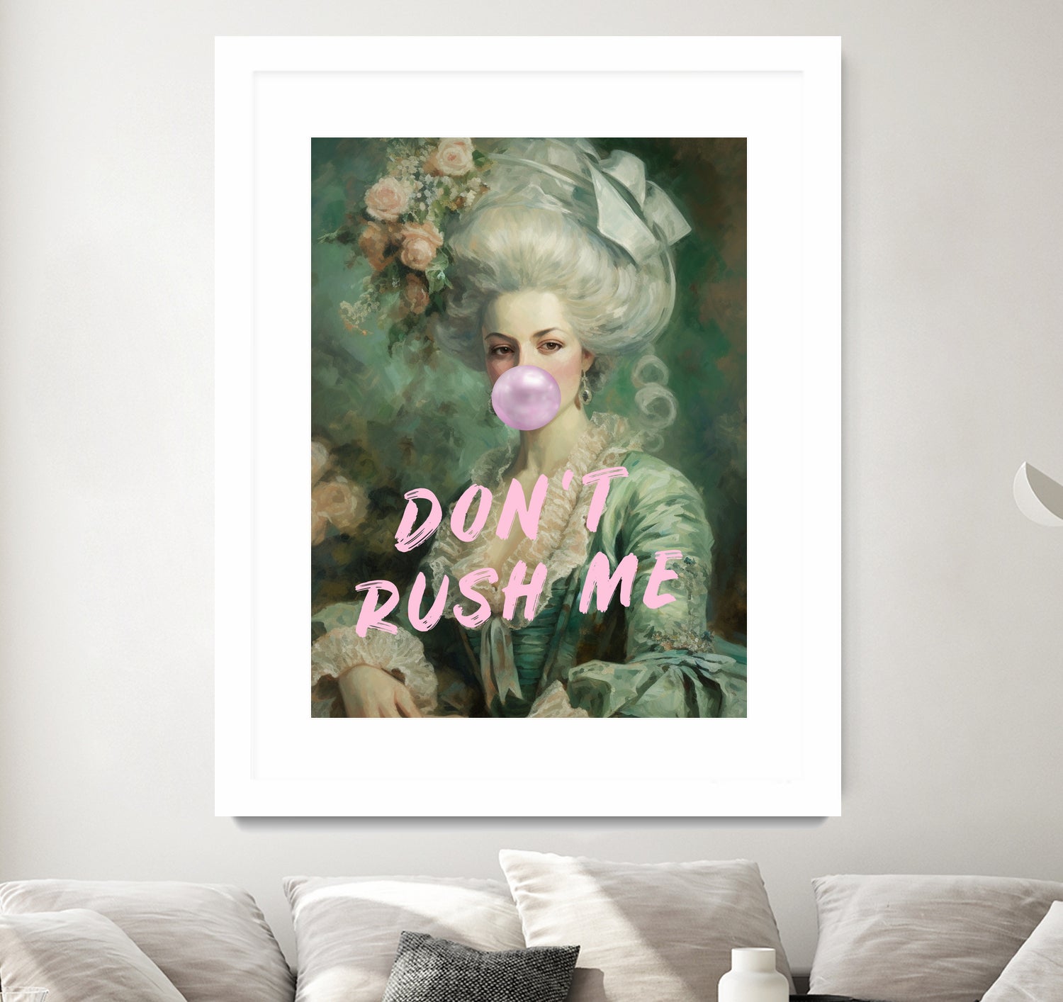 Marie Antoinette Dont Rush Me by Talitha McQueen on GIANT ART - pink contemporary  human face,flower,text,clothing,painting,doll,poster,person,fashion,flowers,flora,floral,botanical,flowers and plants,botanicals,word,words,painted,paint,painterly,people,portrait,figurative