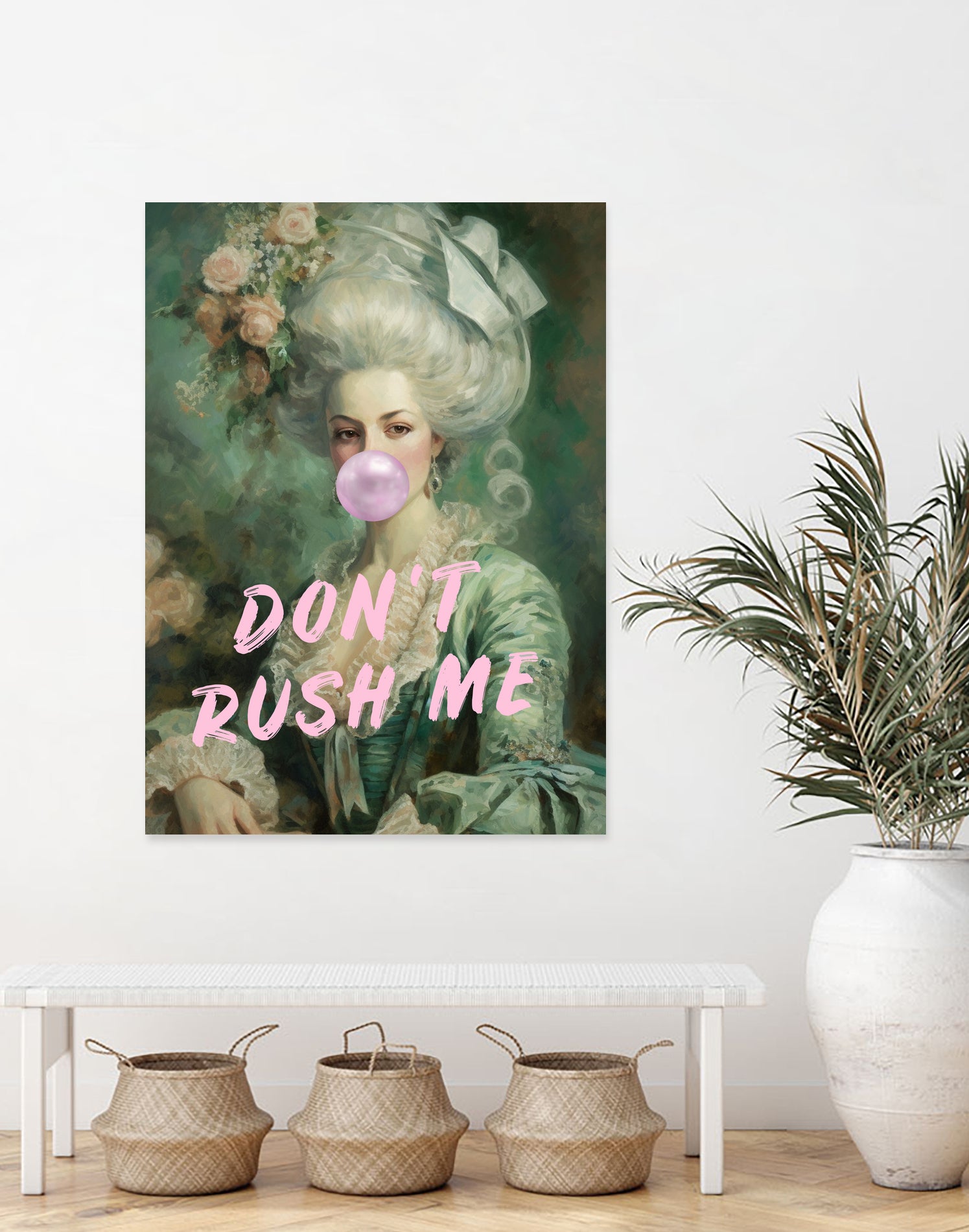 Marie Antoinette Dont Rush Me by Talitha McQueen on GIANT ART - pink contemporary  human face,flower,text,clothing,painting,doll,poster,person,fashion,flowers,flora,floral,botanical,flowers and plants,botanicals,word,words,painted,paint,painterly,people,portrait,figurative