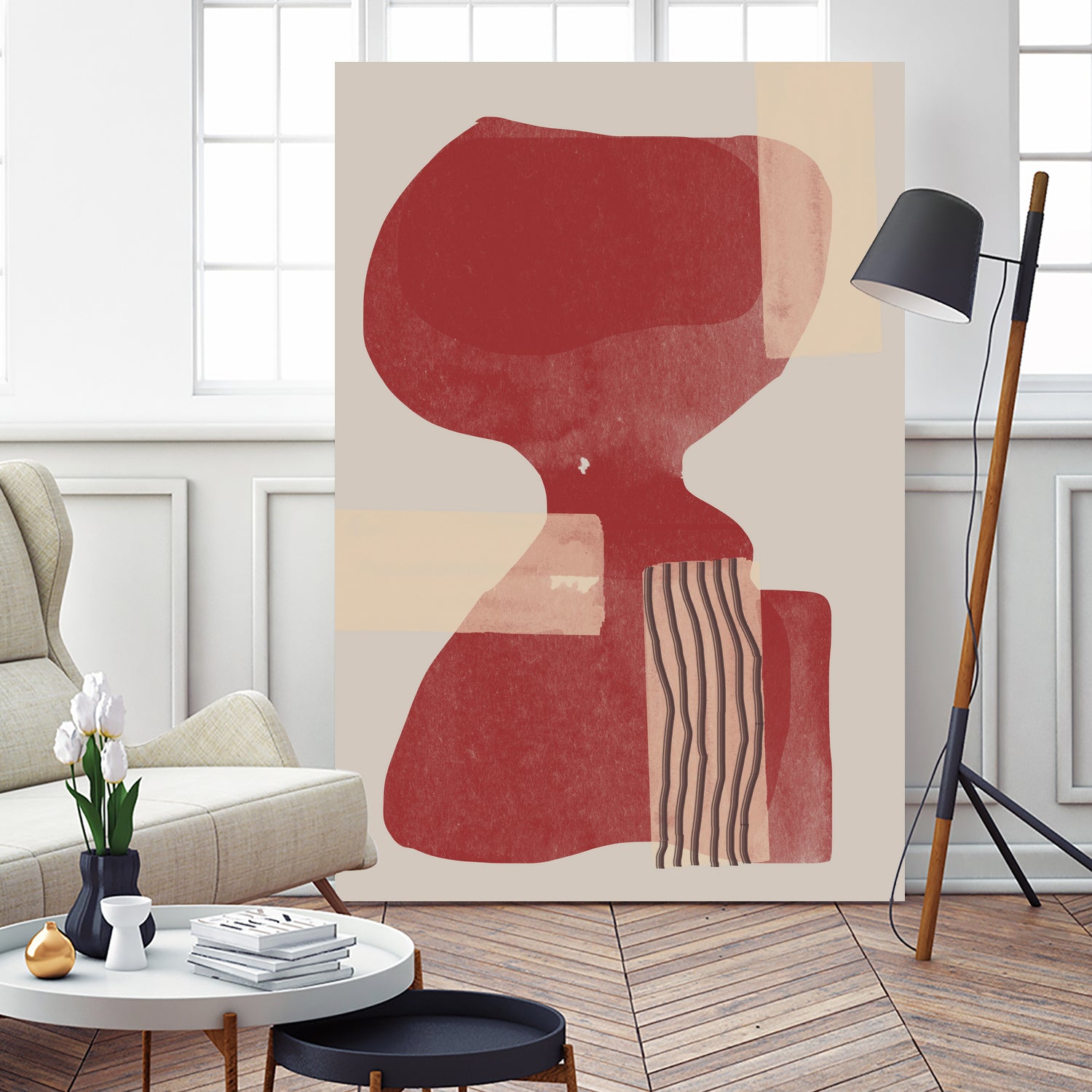 Crimson Harmony by THE MIUUS STUDIO  on GIANT ART - red shape  abstract, bold, white, grey, gray, calm, painting, print,  wallart,  wall art,  energetic, colourful, graphic print, illustration, soft, brush strokes, cute, prints, home decor, beige, black, drawing