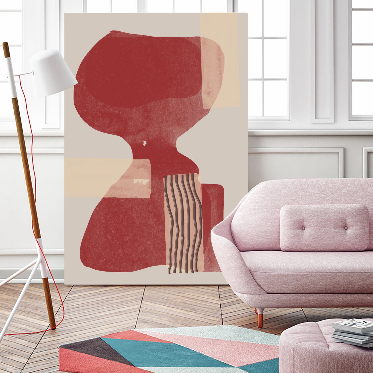 Crimson Harmony by THE MIUUS STUDIO  on GIANT ART - red shape  abstract, bold, white, grey, gray, calm, painting, print,  wallart,  wall art,  energetic, colourful, graphic print, illustration, soft, brush strokes, cute, prints, home decor, beige, black, drawing