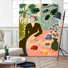 TROPICAL BRUNCH by Sandra Poliakov f on GIANT ART - pink figurative woman,brunch,still life,flowers,picnic,coffee,cocktail ,champaign,apricots,fruit,green,tropical,bali,vacation,feminine,olive green ,vase,fashion,blue sky,tropical ,palm trees,beach,summer,calm,relaxed,mindfulness,slowing down,self love,self care,pink