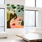 TROPICAL BRUNCH by Sandra Poliakov f on GIANT ART - pink figurative woman,brunch,still life,flowers,picnic,coffee,cocktail ,champaign,apricots,fruit,green,tropical,bali,vacation,feminine,olive green ,vase,fashion,blue sky,tropical ,palm trees,beach,summer,calm,relaxed,mindfulness,slowing down,self love,self care,pink