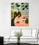 TROPICAL BRUNCH by Sandra Poliakov f on GIANT ART - pink figurative woman,brunch,still life,flowers,picnic,coffee,cocktail ,champaign,apricots,fruit,green,tropical,bali,vacation,feminine,olive green ,vase,fashion,blue sky,tropical ,palm trees,beach,summer,calm,relaxed,mindfulness,slowing down,self love,self care,pink