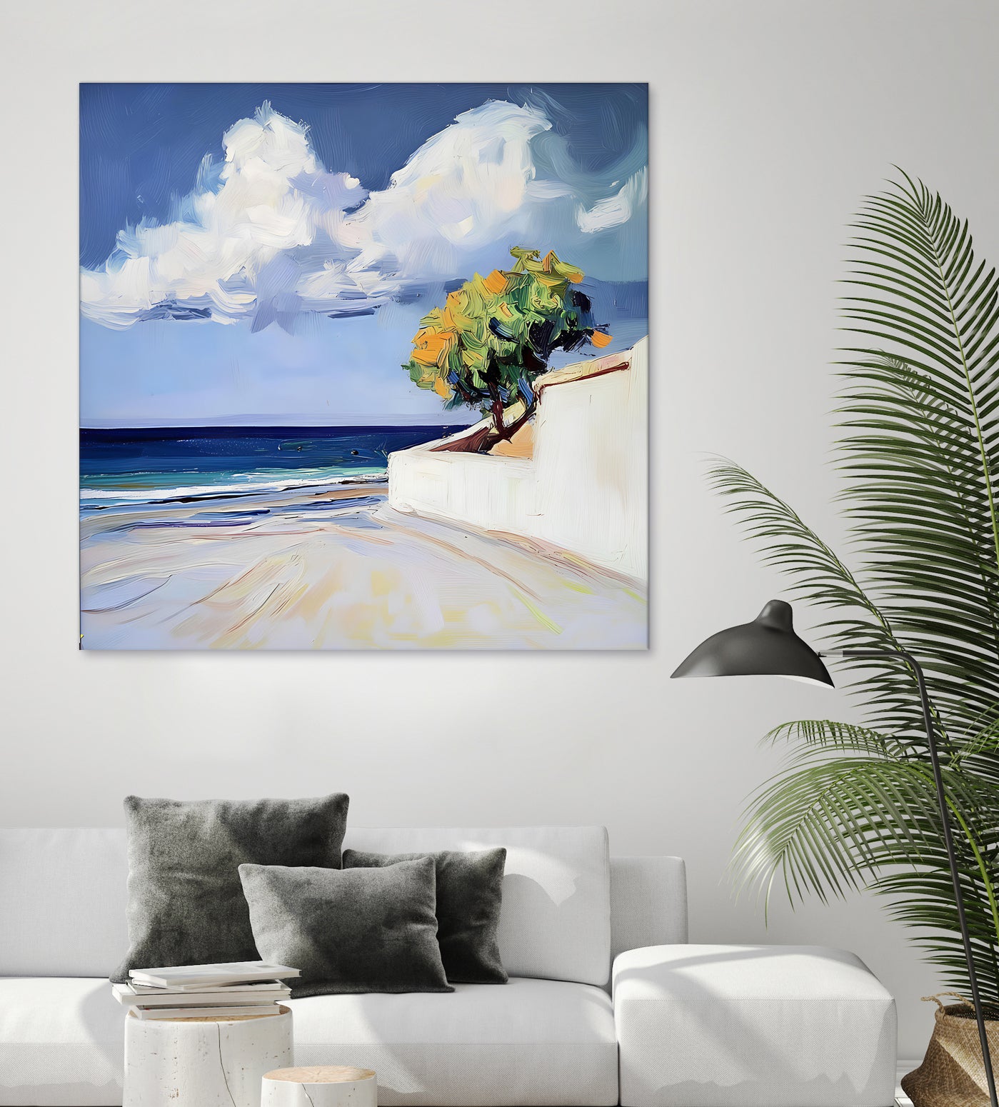 Serene Beach View with a Tree and Dramatic Clouds by Avanesova Elena on GIANT ART - nature and landscapes elena